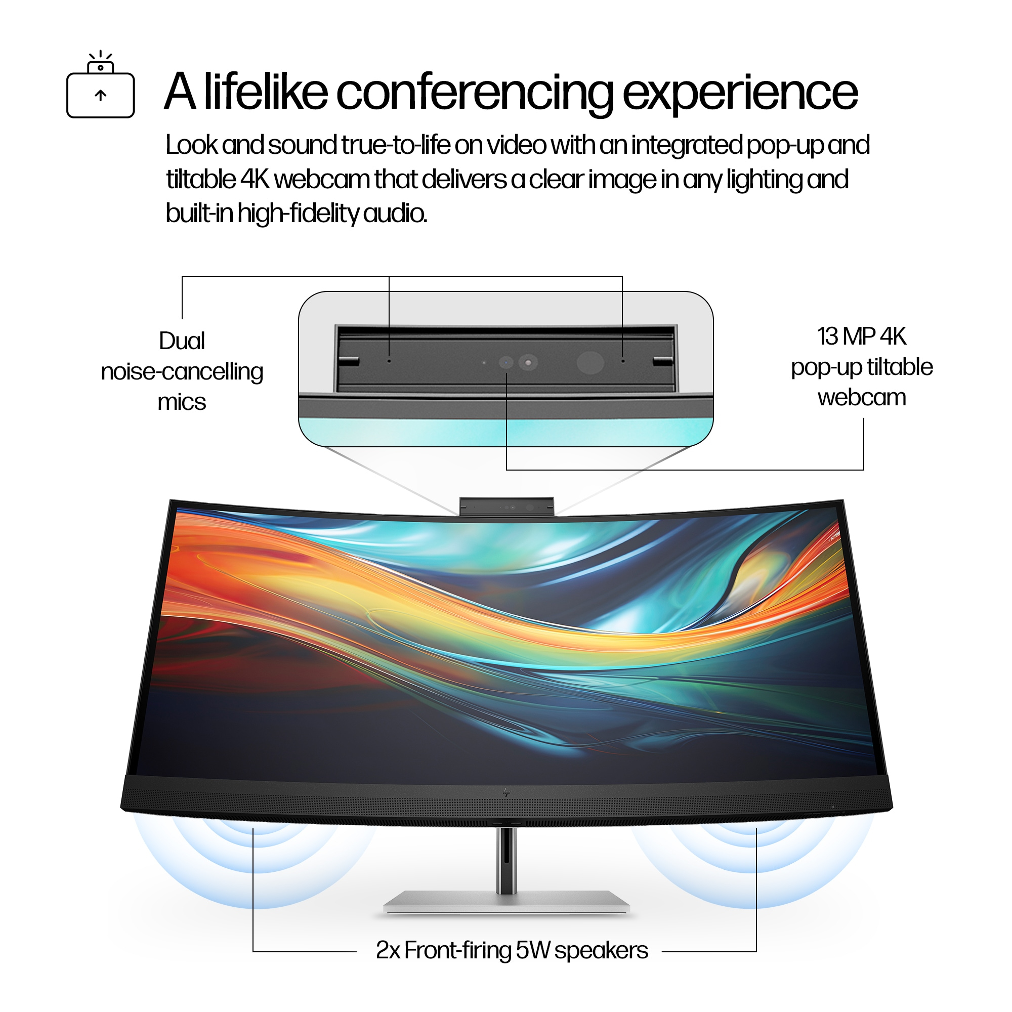 Un monitor curvo con webcam emergente, micrófonos duales y altavoces frontales, diseñado para videoconferencias.