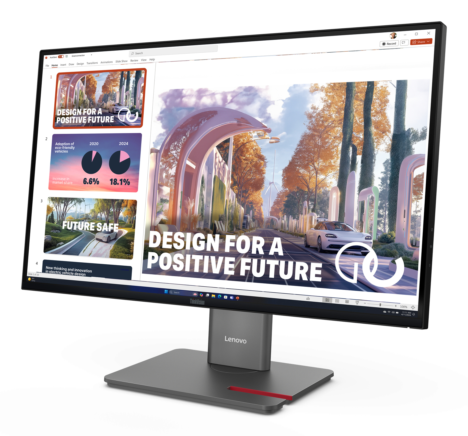 Un monitor Lenovo mostra una presentazione su città future, veicoli elettrici ed energia rinnovabile.
