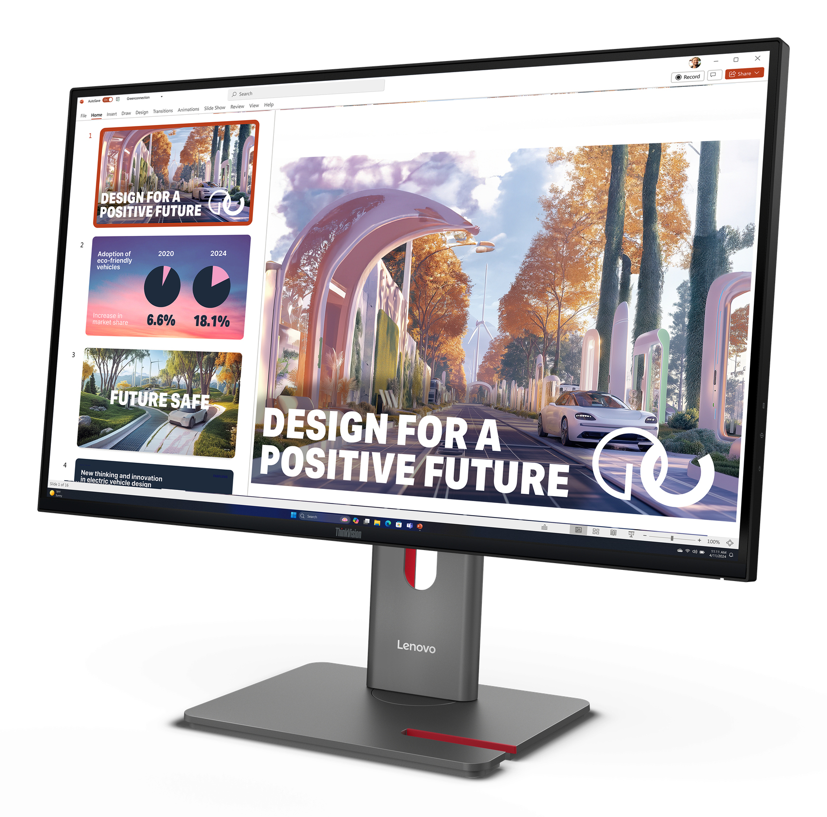 Uno schermo di computer mostra una presentazione intitolata 'Design for a Positive Future' con un'immagine di una strada futuristica.