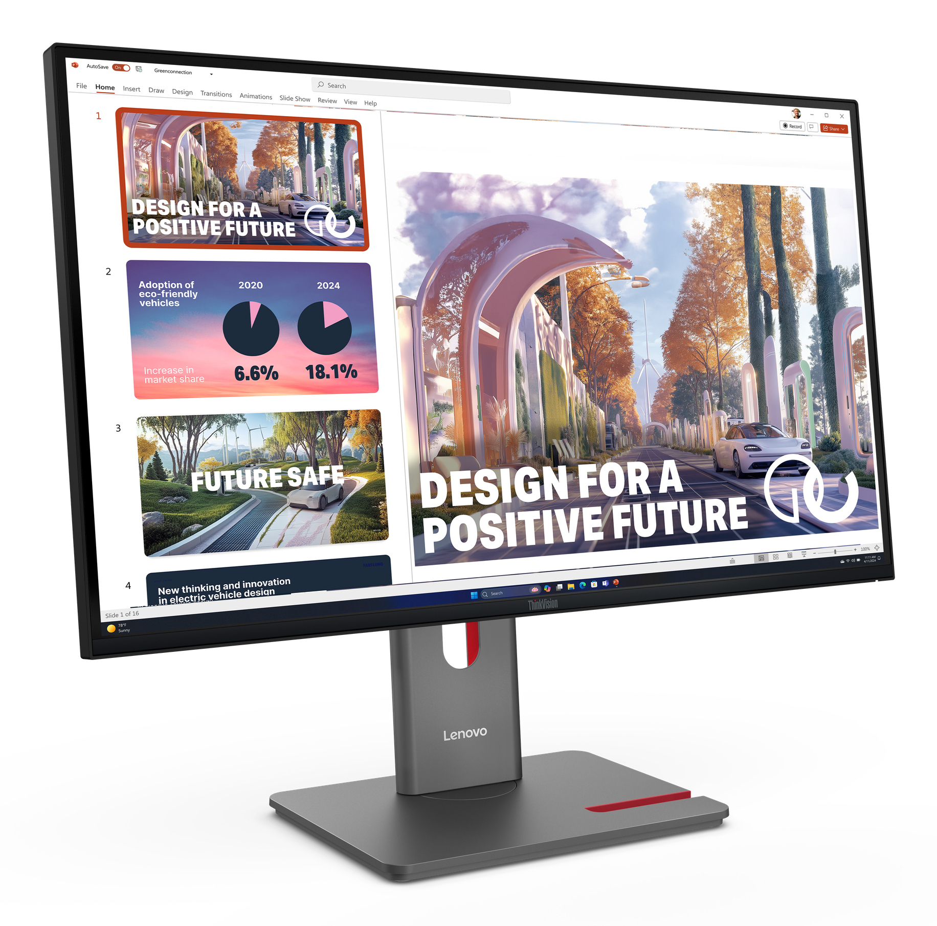 Uno schermo di computer mostra una presentazione intitolata 'Design for a Positive Future'. Lo schermo mostra grafici e una città futuristica.