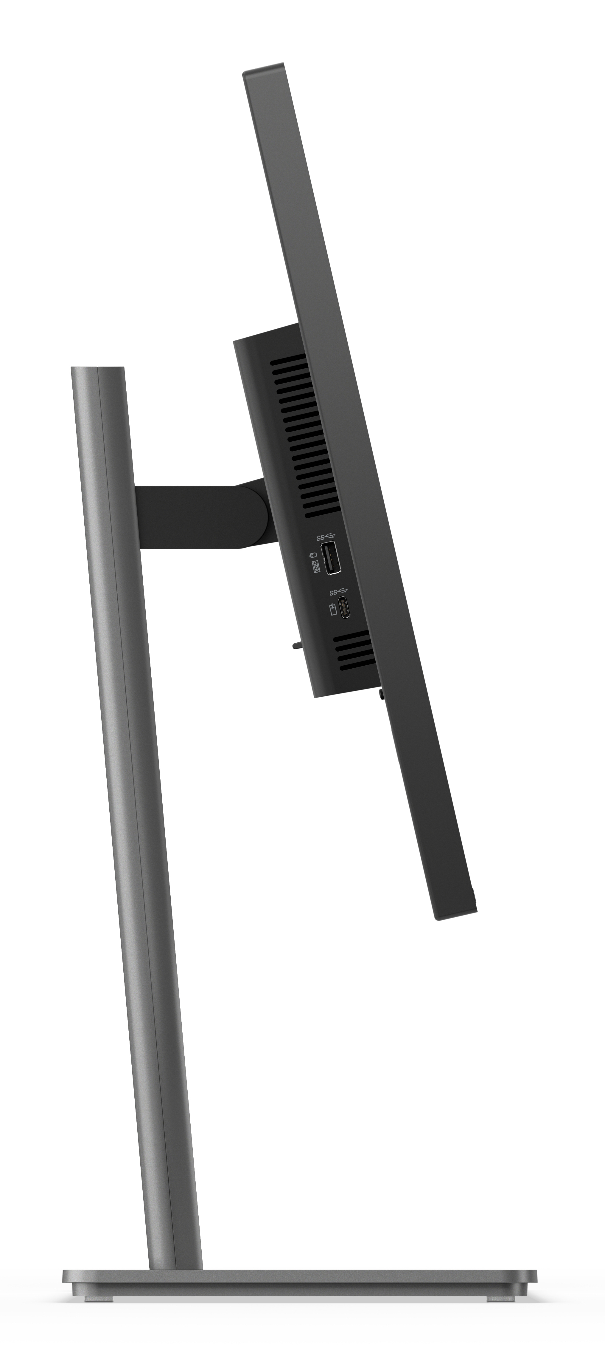 Un moderno monitor per computer. Ha uno schermo nero e un supporto grigio. Il retro ha delle porte.