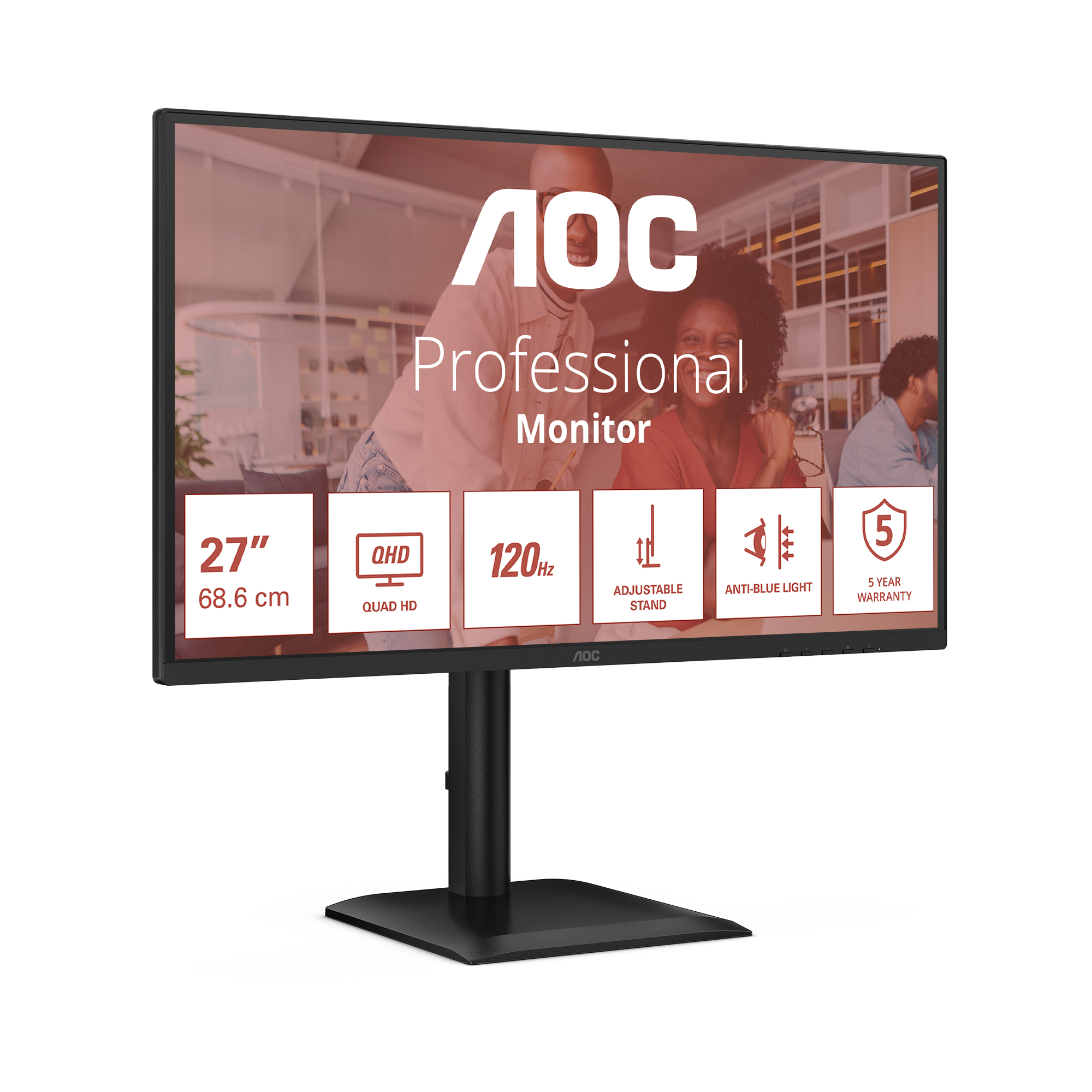 AOC professional monitor. It has a black stand and features like QHD, 120Hz, adjustable stand, and anti-blue light.