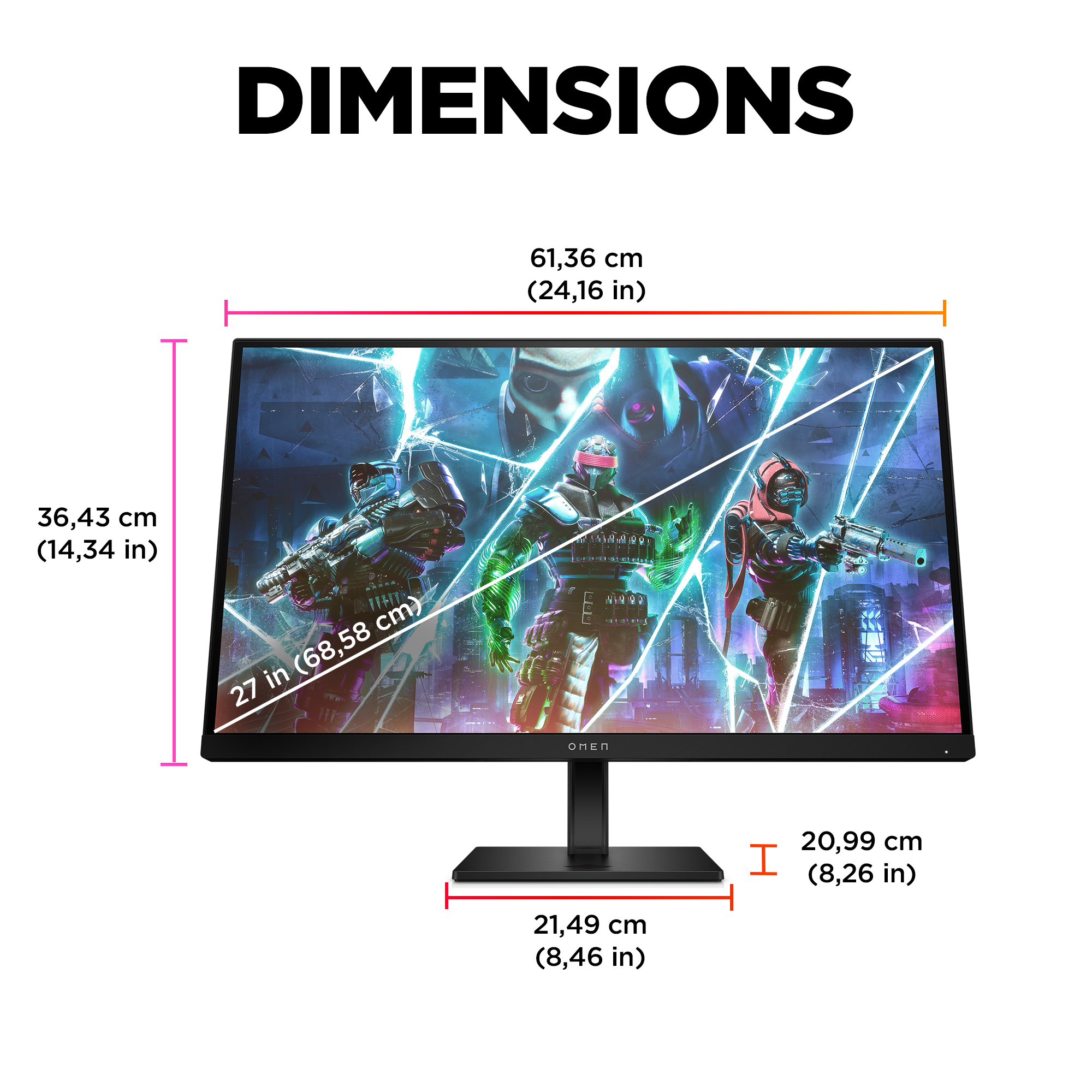 Ein Monitor zeigt Charaktere mit Waffen. Abmessungen werden um den Monitor angezeigt.