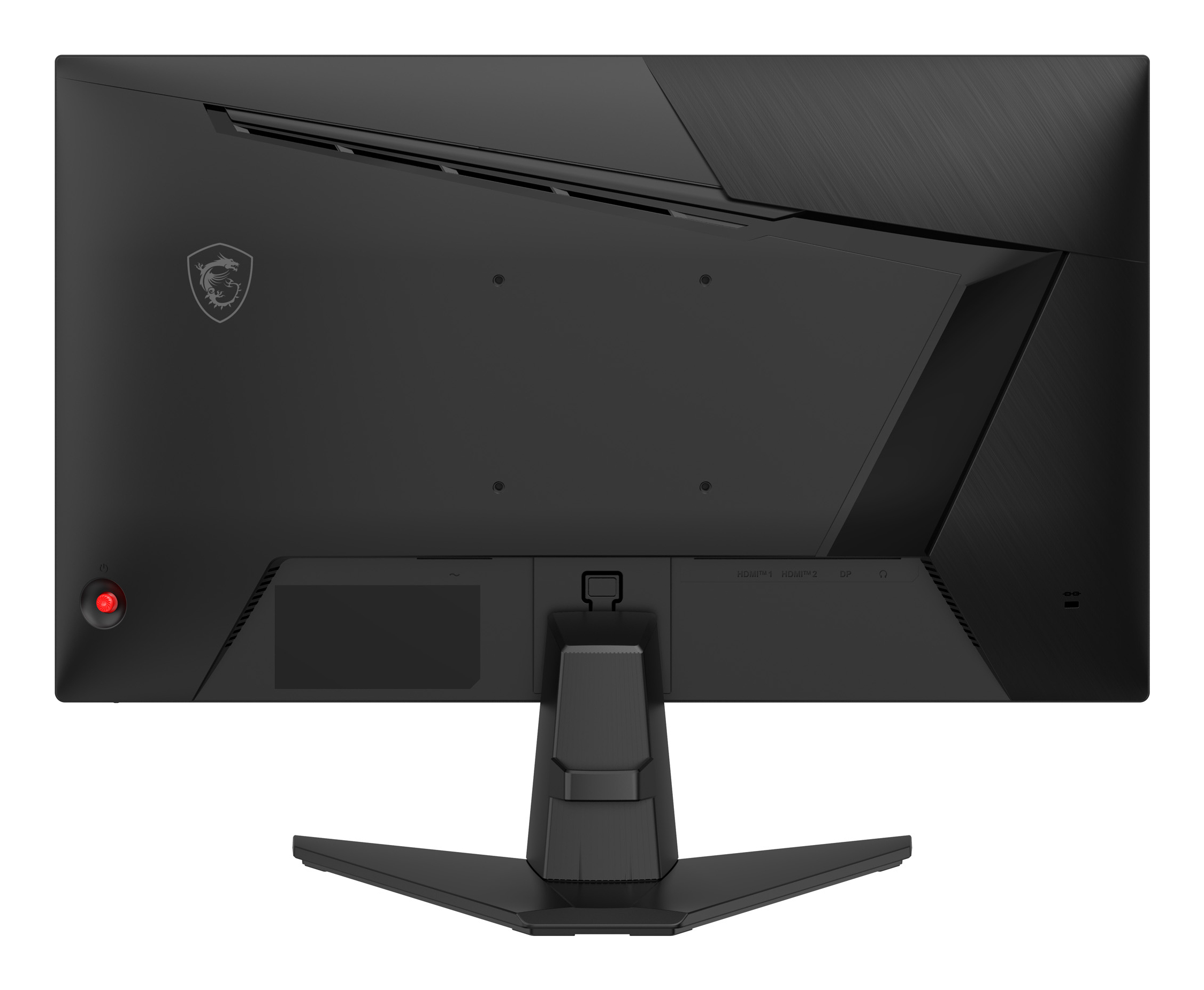 Widok z tyłu czarnego monitora komputera. Ma podstawkę i porty wejściowe. Widoczne jest logo MSI.