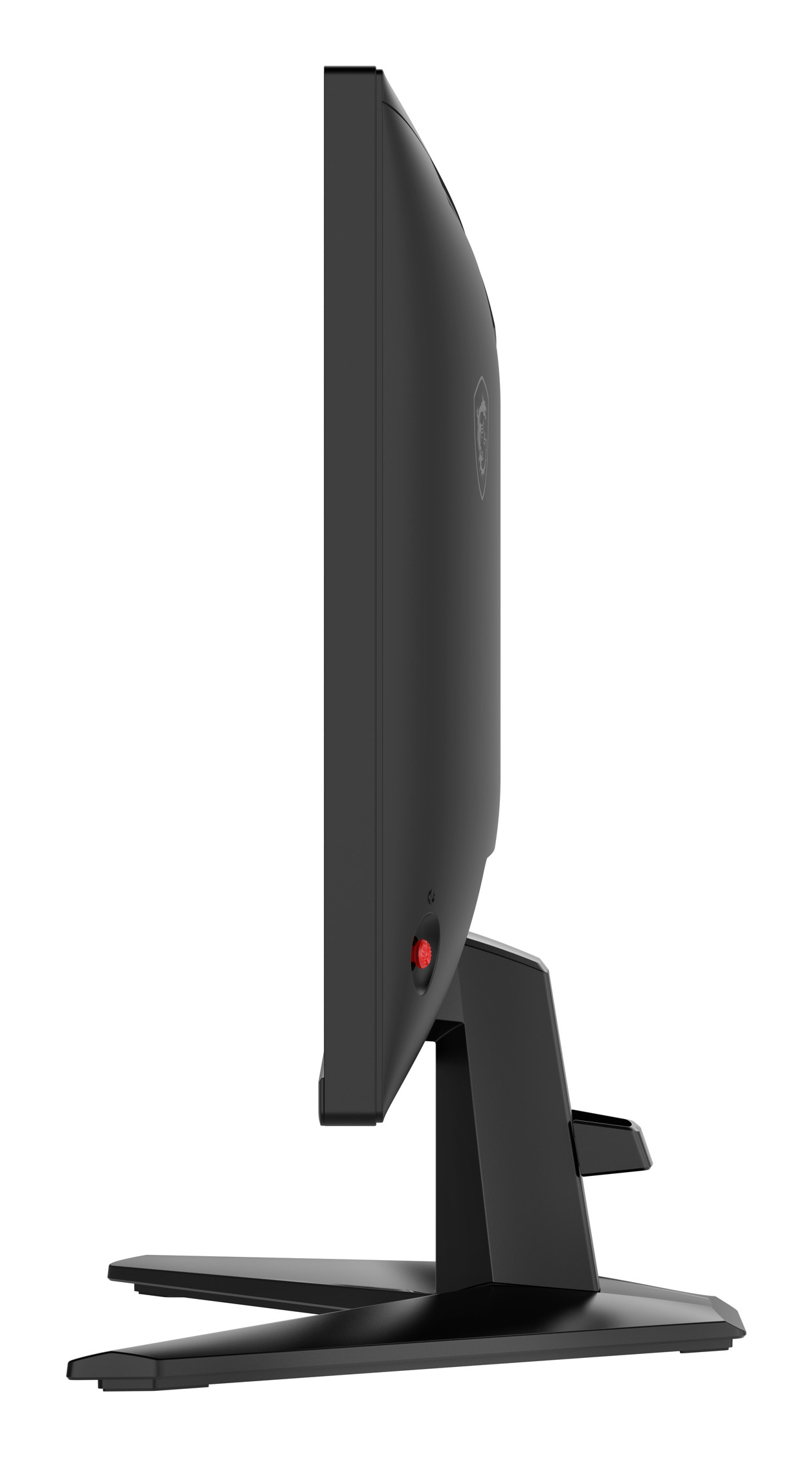 Widok z boku czarnego monitora komputerowego. Ma czerwony przycisk zasilania i elegancki, nowoczesny design.