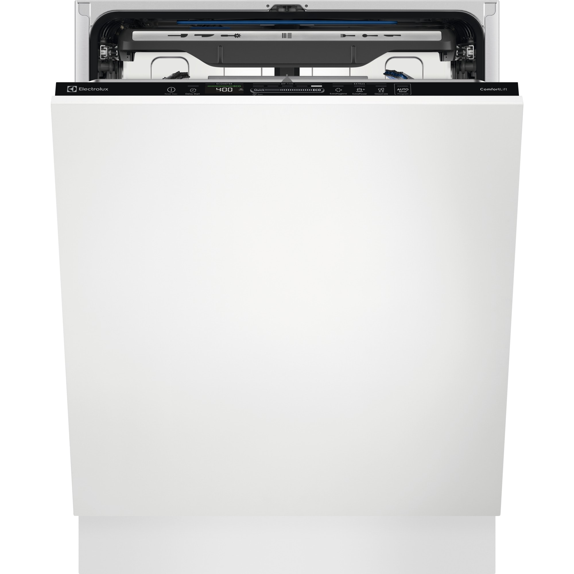 Una lavastoviglie bianca con la parte superiore aperta. Ha un pannello di controllo con pulsanti e il logo Electrolux.