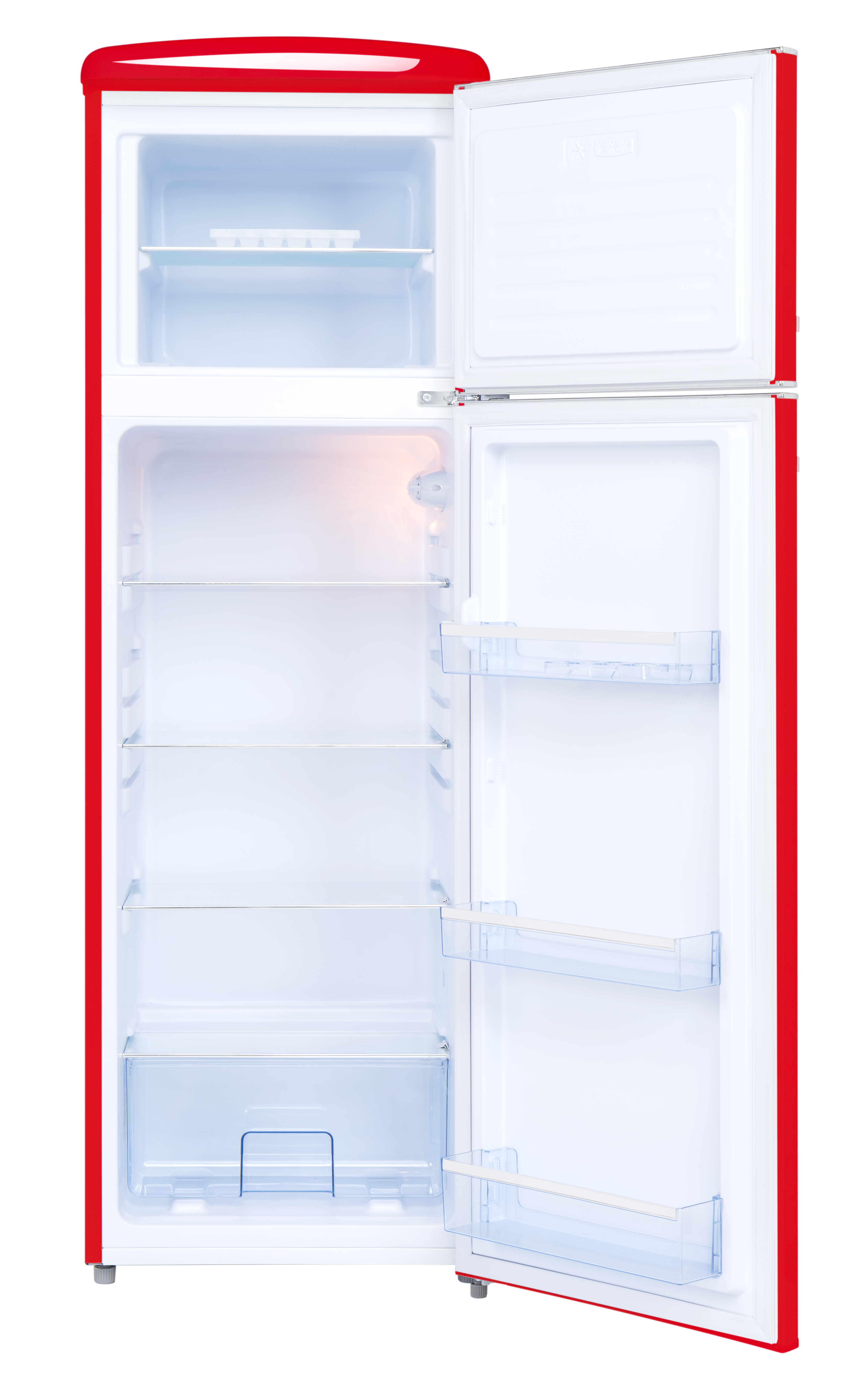 Ein roter Kühlschrank mit offenen Türen. Leerer Innenraum mit Regalen. Auch die Gefriertür ist offen.