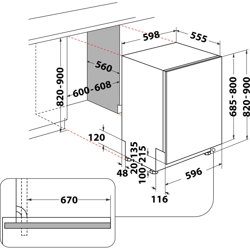 Diagrama de lavavajillas con dimensiones en mm. Incluye vista lateral, superior y de detalle de la instalación.