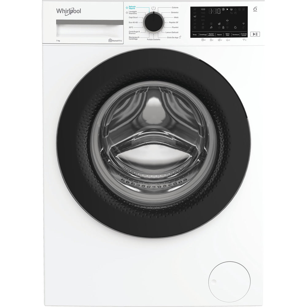 Una lavatrice Whirlpool bianca con porta nera. Ha un pannello di controllo a destra e un quadrante a sinistra.