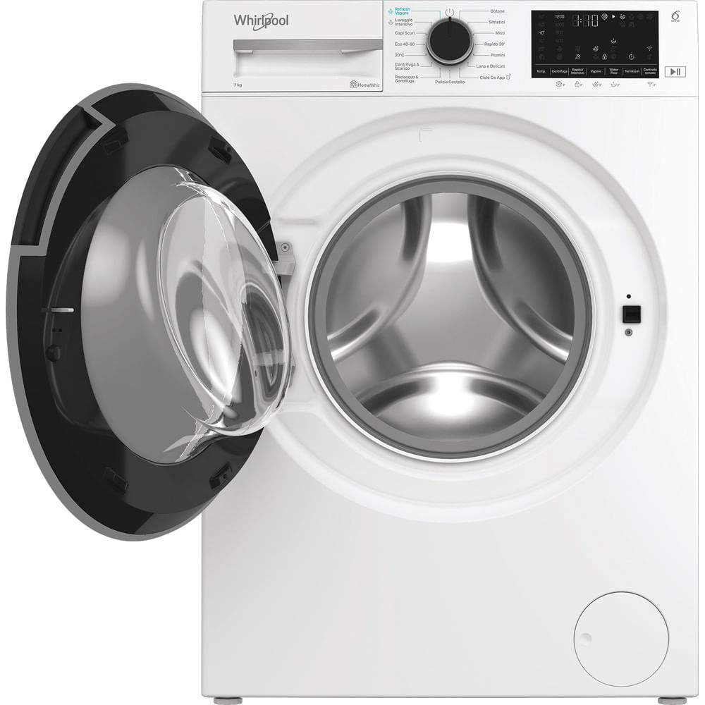 Una lavatrice Whirlpool bianca con la porta aperta. La porta è nera e l'interno argentato. Sono visibili comandi e un display.