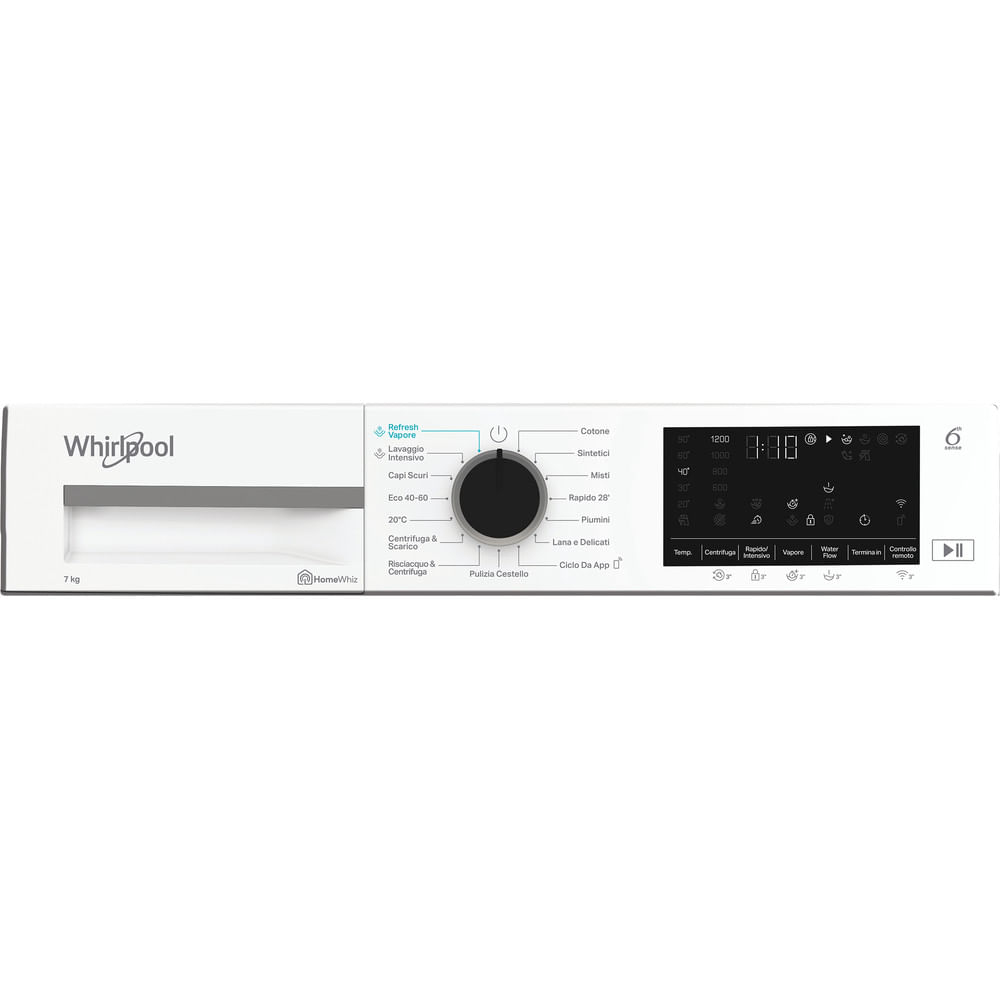 Pannello comandi bianco lavatrice Whirlpool. Include manopola, display digitale e varie opzioni programma in italiano.