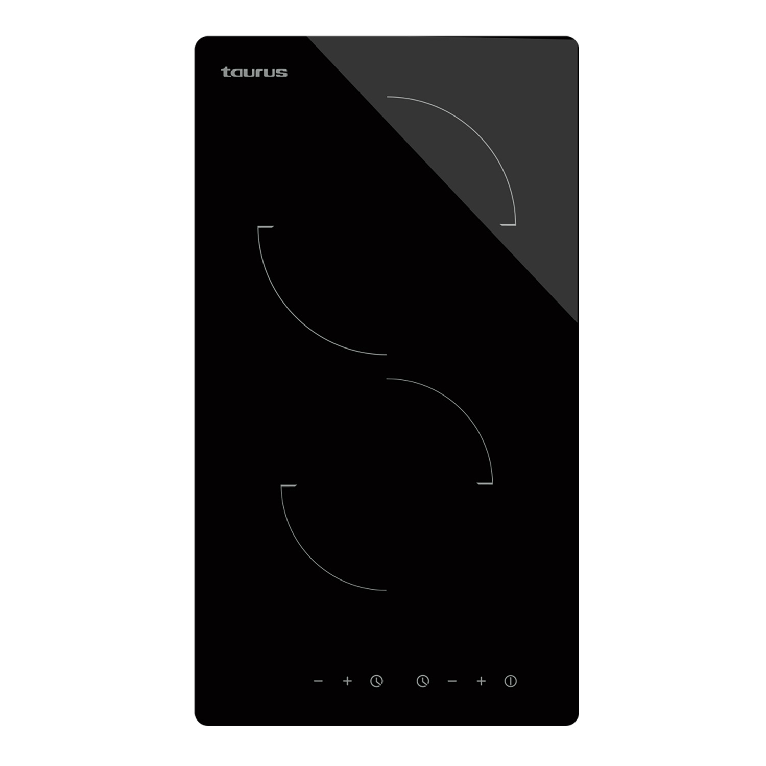 Placa de inducción Taurus negra. Tres quemadores con contornos curvos. Controles táctiles en la parte inferior. Esquina superior derecha gris.