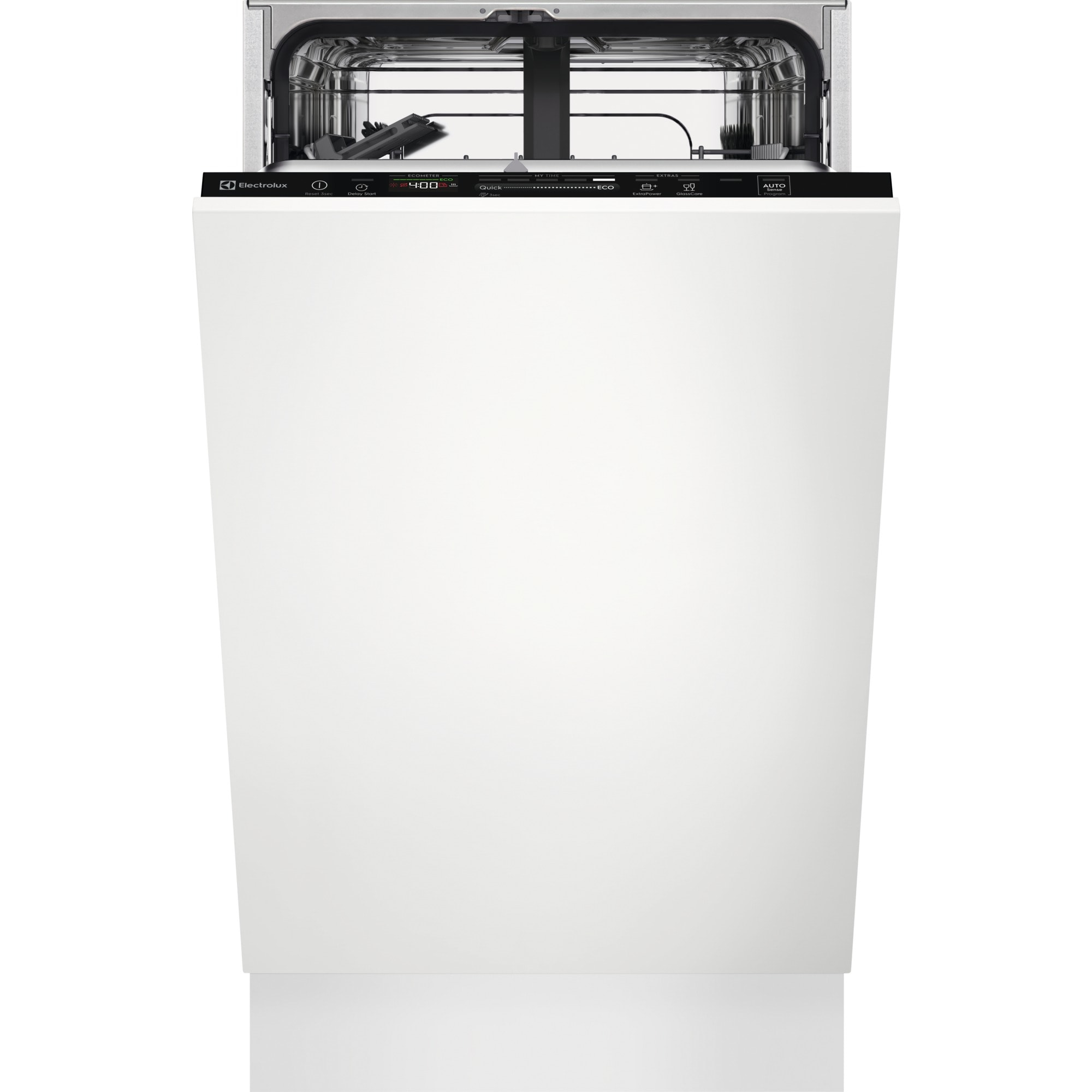Una lavastoviglie Electrolux bianca con la porta aperta. Pannello di controllo visibile con varie opzioni di programma e display digitale.