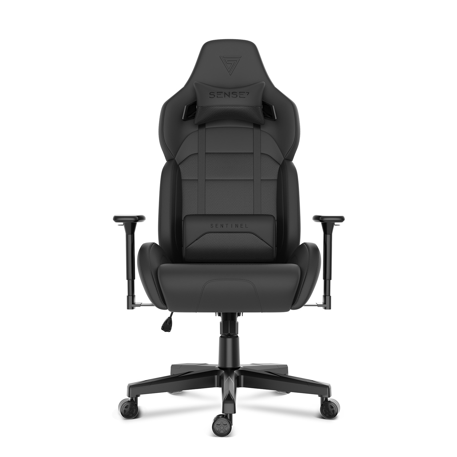 Een zwarte gaming stoel op een witte achtergrond. Het heeft een hoofdsteun, armleuningen en een vijfsterren basis.
