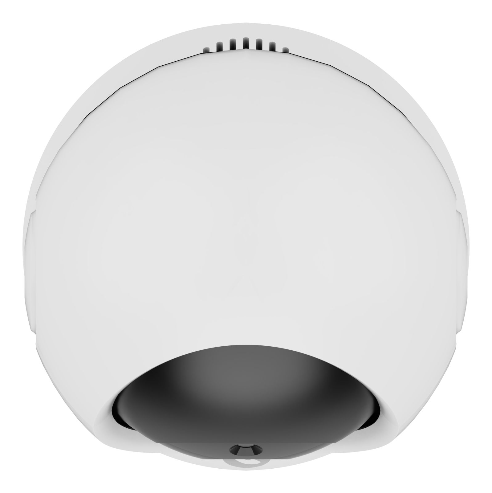 Biała, kopułowa kamera bezpieczeństwa z ciemnoszarą soczewką i małymi otworami wentylacyjnymi na górze.