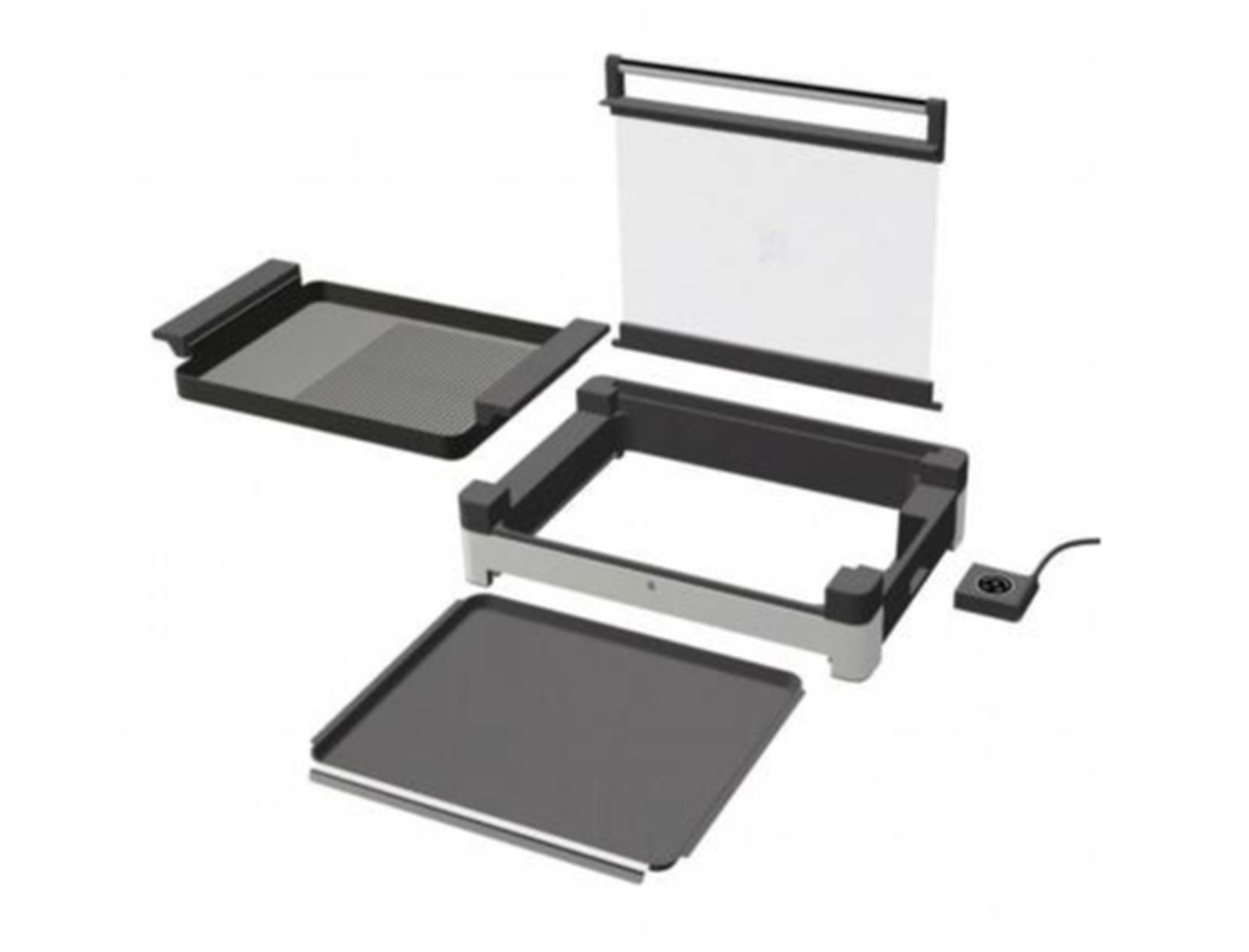Widok rozłożony czarnego i srebrnego grilla z wieloma komponentami, w tym tacami, ramą i przezroczystym ekranem.