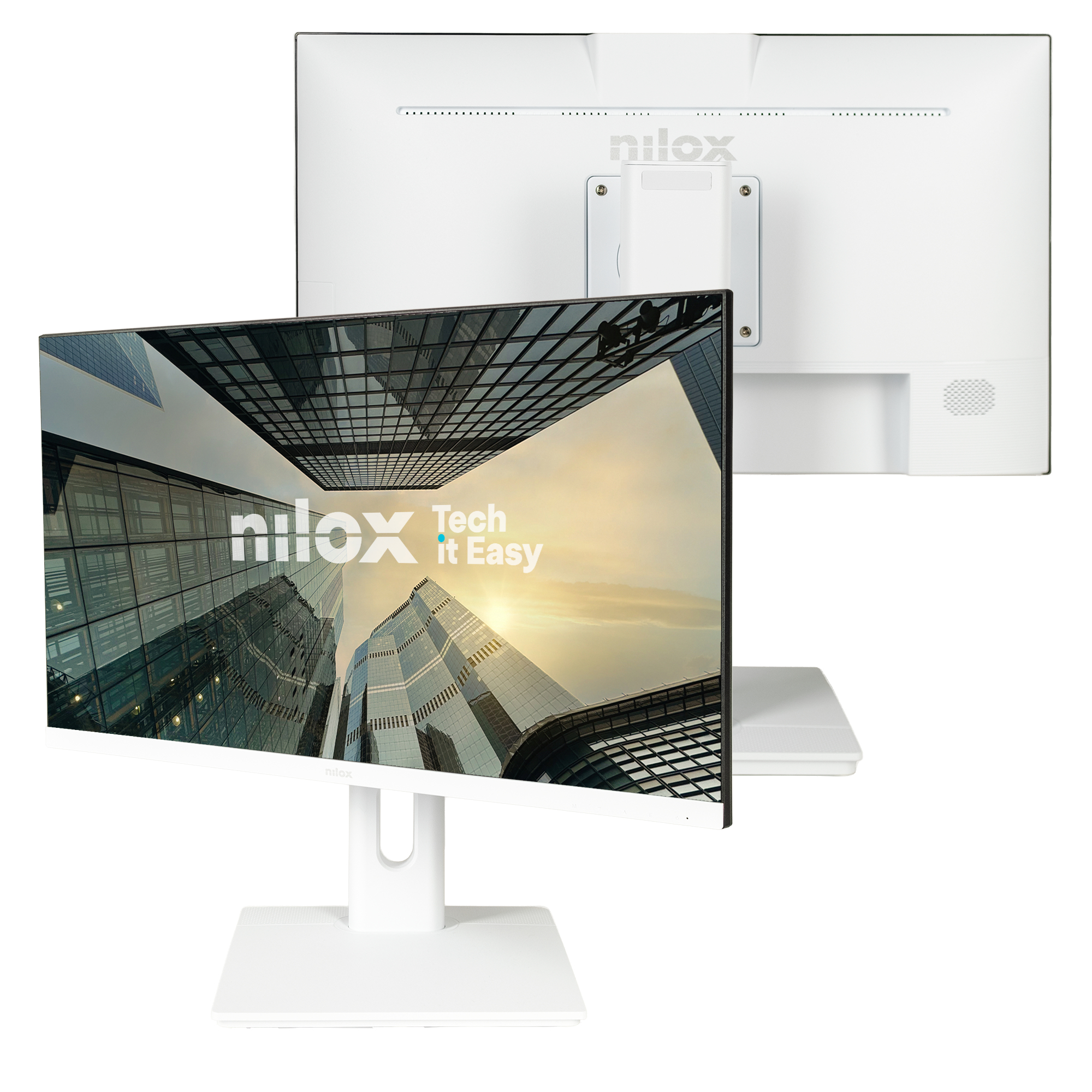Biały monitor Nilox wyświetla scenę miejską. Drugi monitor pokazuje tył. Białe tło.