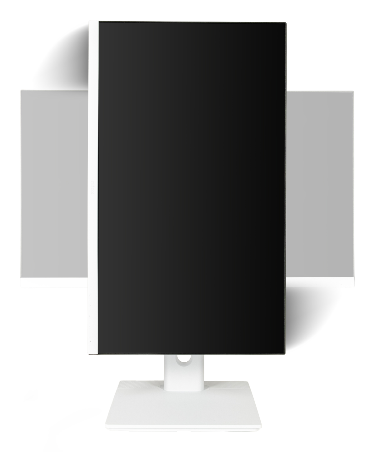 Biały monitor komputera z czarnym ekranem stoi na białej podstawie. Dwa szare panele po każdej stronie.