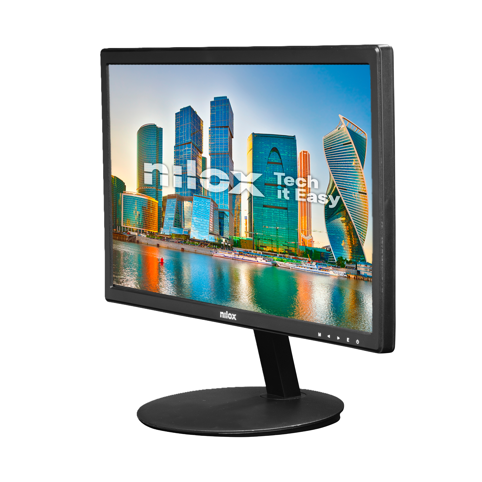 Un monitor de computadora muestra un paisaje urbano. El monitor es negro con un soporte negro. La marca es Nilox.