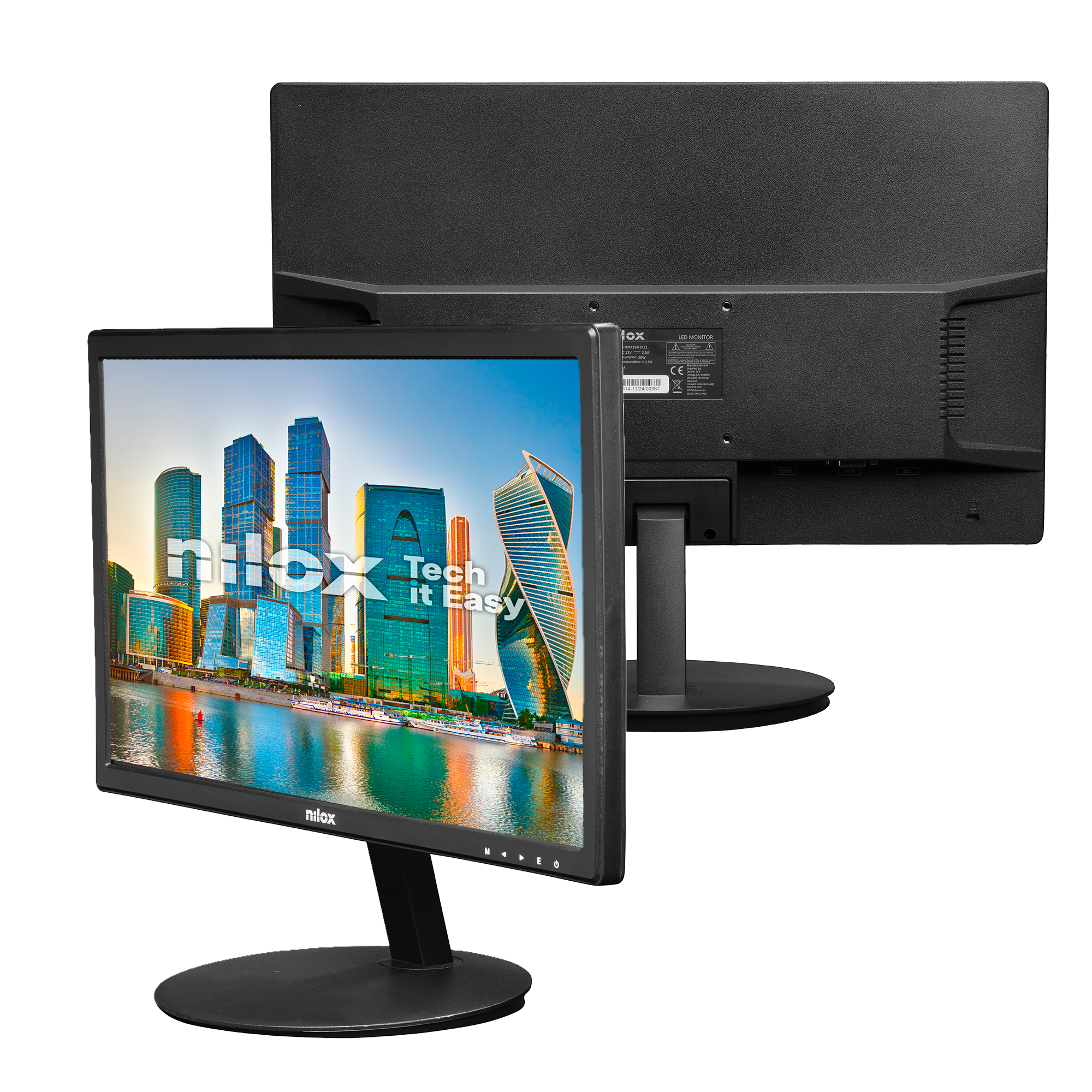 Dos monitores de computadora negros Nilox, uno muestra el horizonte de la ciudad, el otro la parte posterior del monitor.