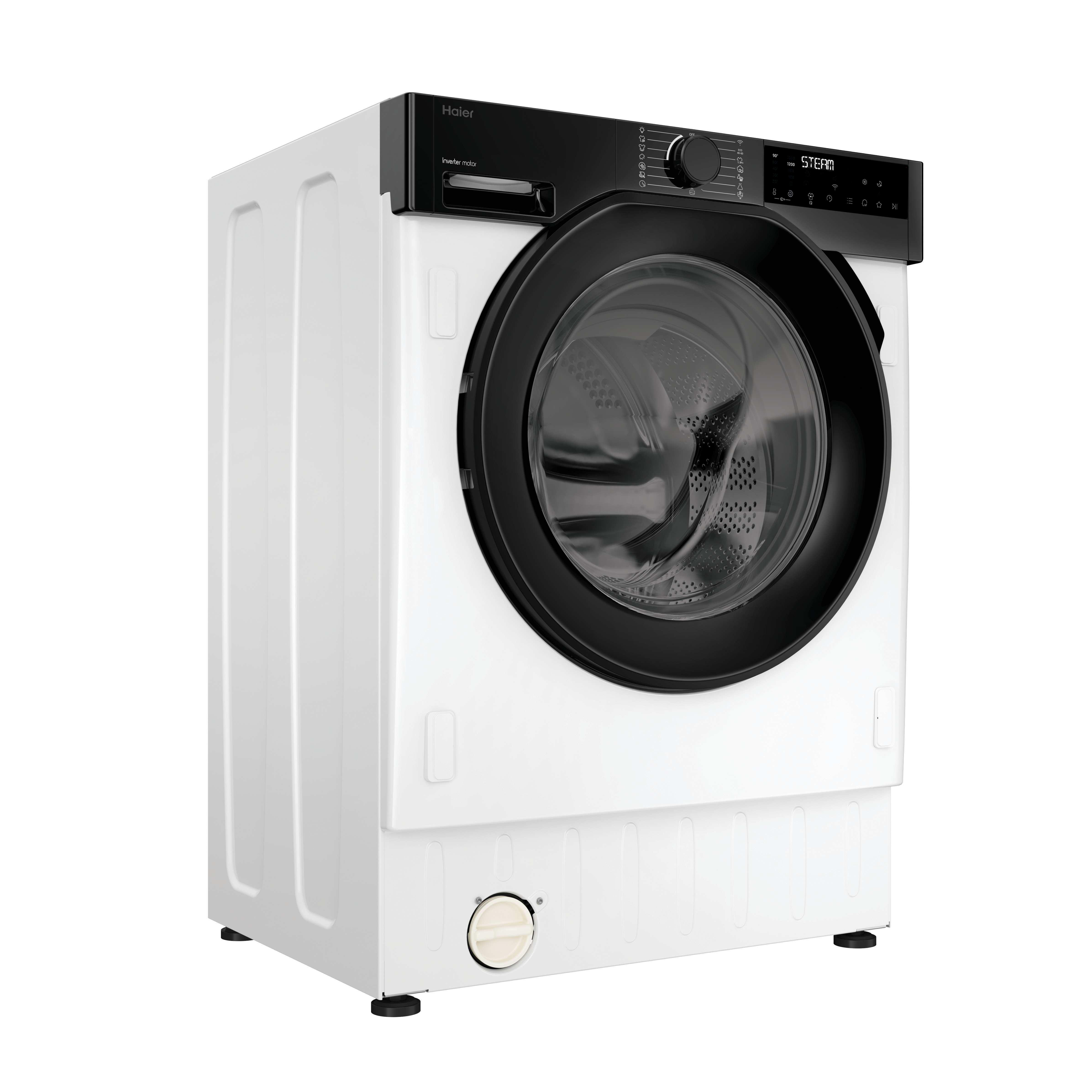 Una lavadora Haier blanca. Tiene una puerta y un panel de control negros. La puerta es redonda con una ventana de cristal.