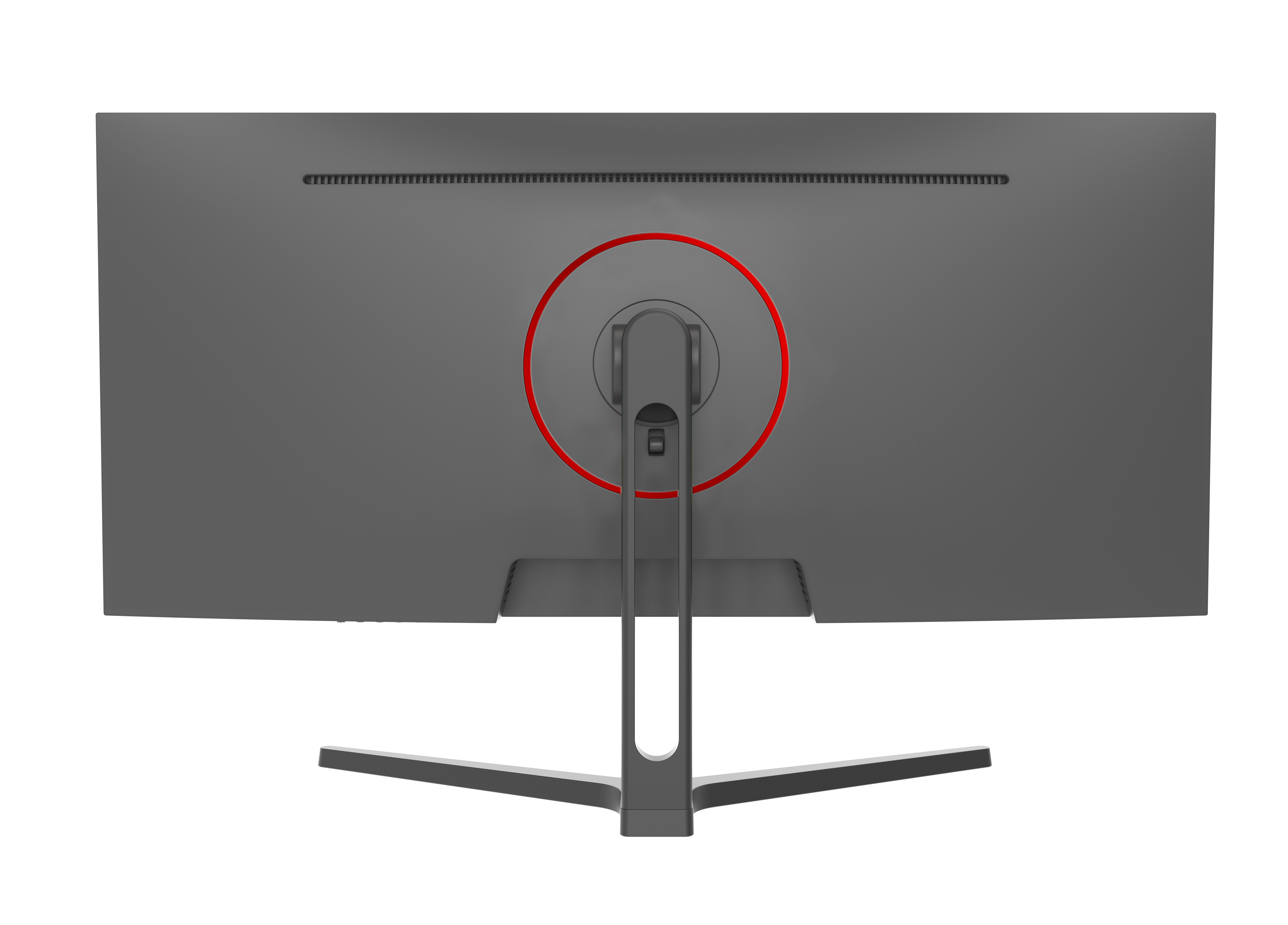 Tył szarego monitora komputerowego. Czerwone koło otacza mocowanie. Podstawa również jest szara.