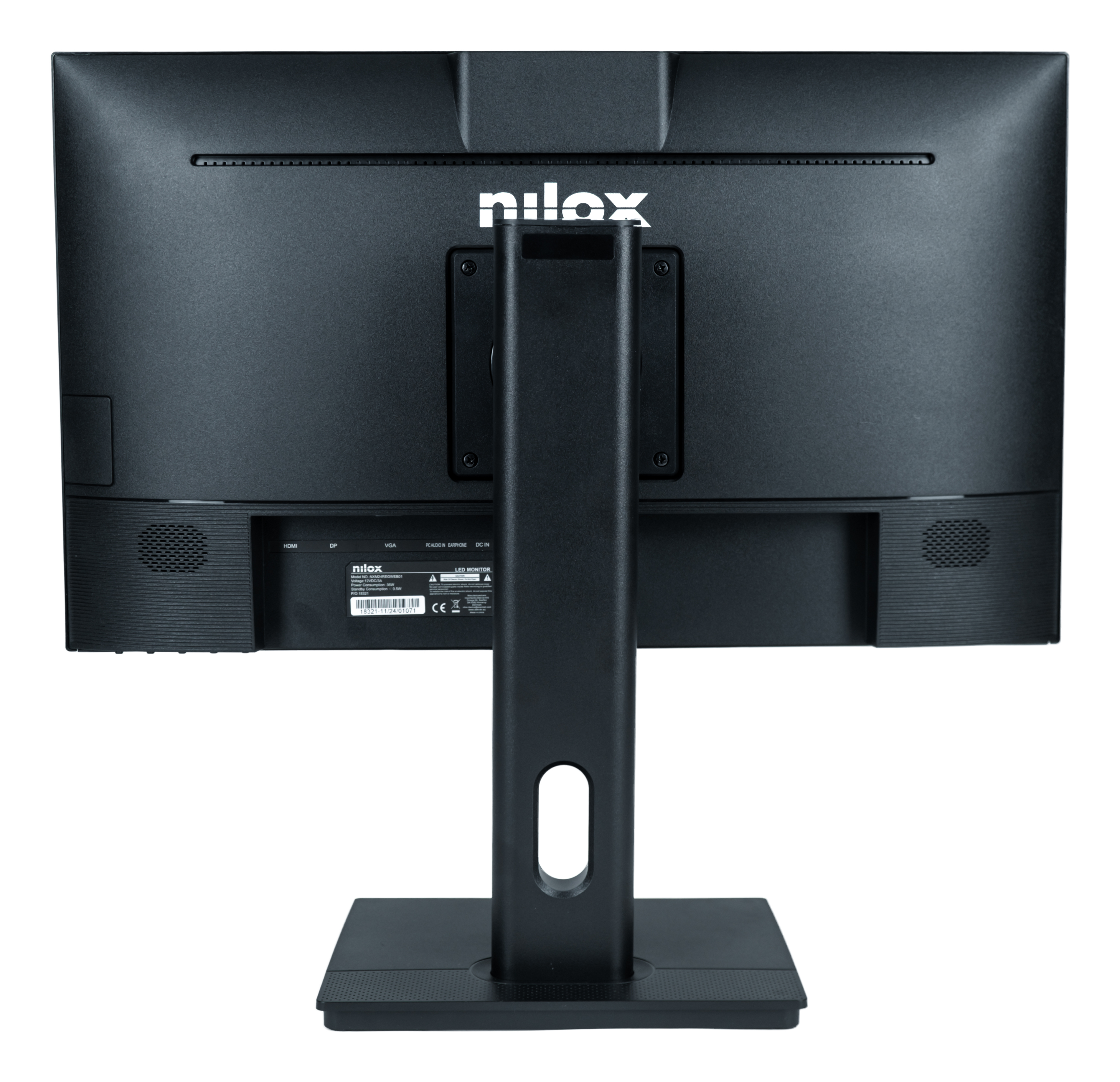 Rückansicht eines schwarzen Nilox-Monitors auf weißem Hintergrund, mit Ständer und Anschlüssen.