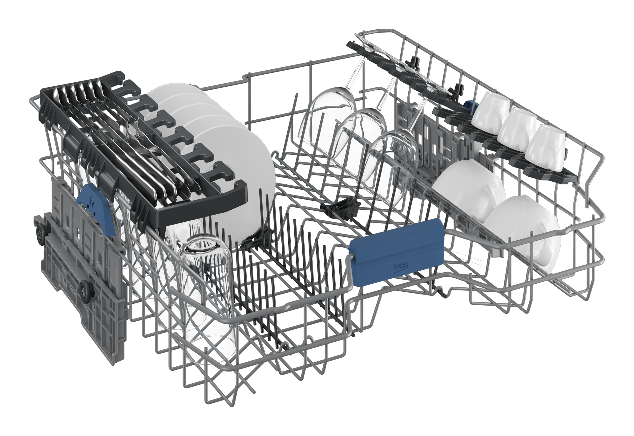 Wnętrze zmywarki z talerzami, szklankami i sztućcami. Zawiera niebieski plastikowy element beko.