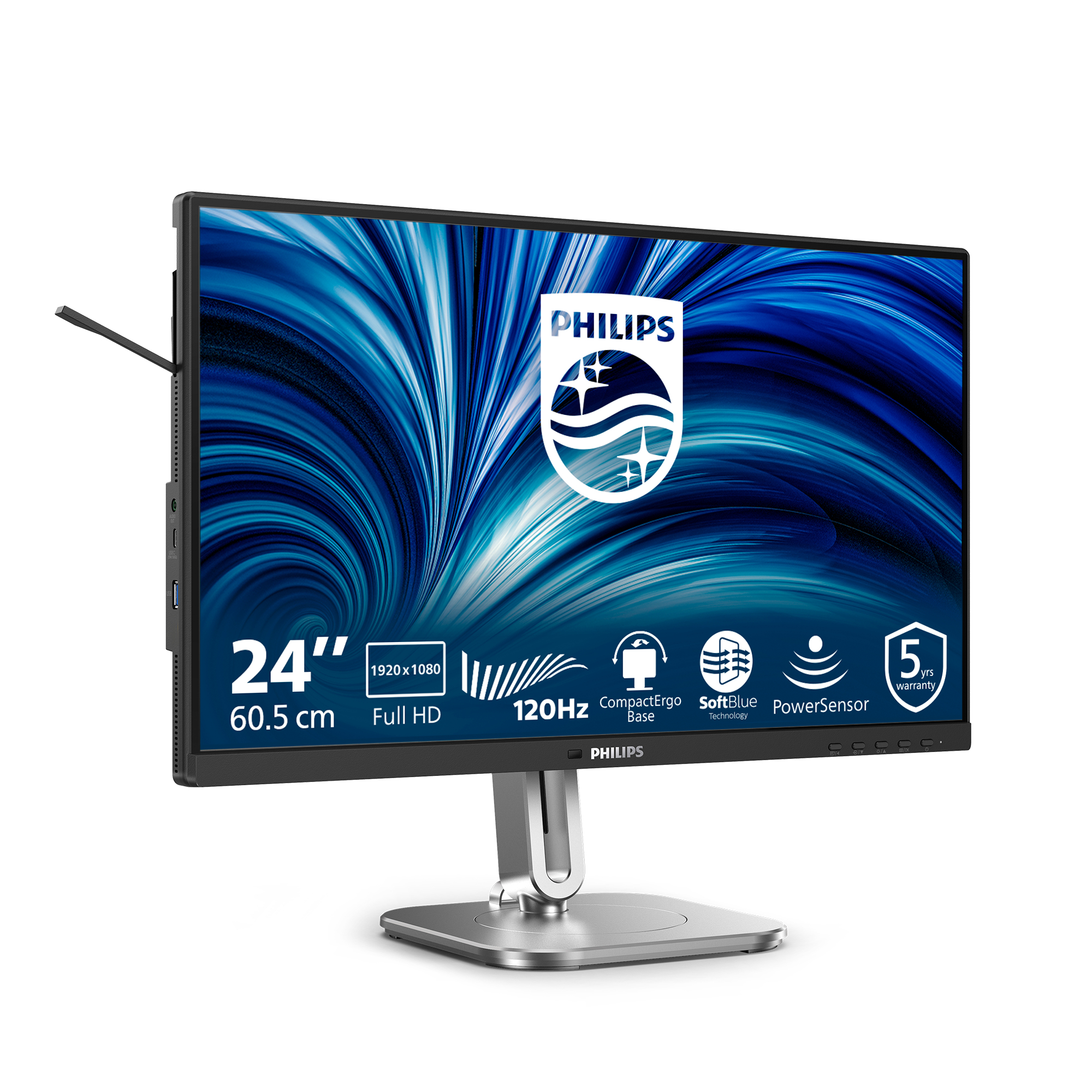 Un monitor Philips de 24 pulgadas con pantalla azul en espiral. Características: 120Hz, Full HD y tecnología SoftBlue. Se apoya en una base plateada.