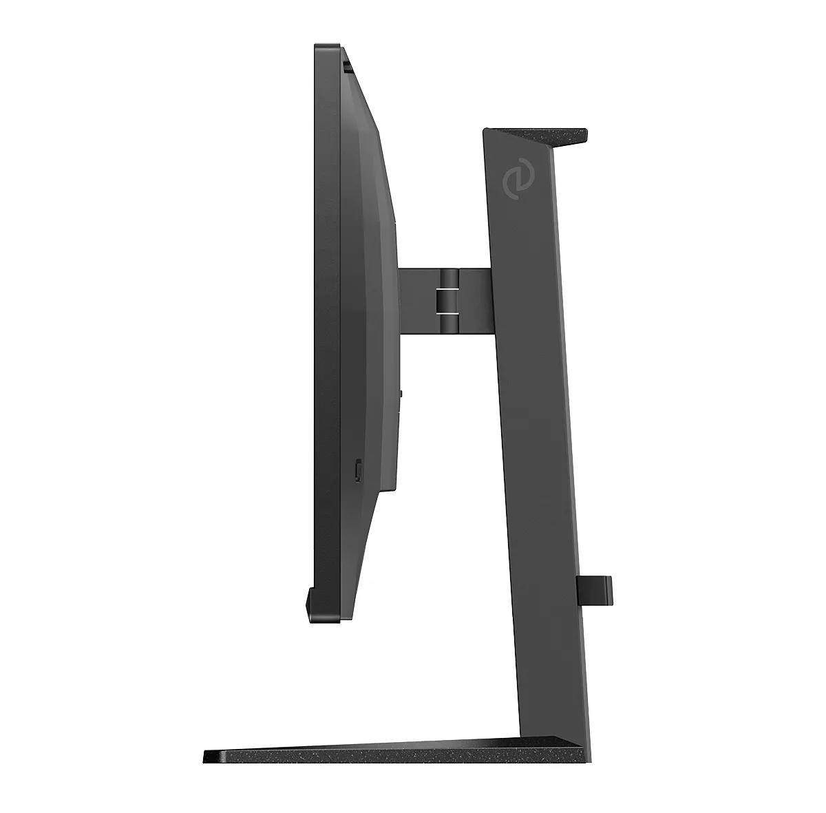 Vista laterale di un monitor per computer nero. Ha un supporto. Lo schermo è scuro. Il supporto ha un logo.