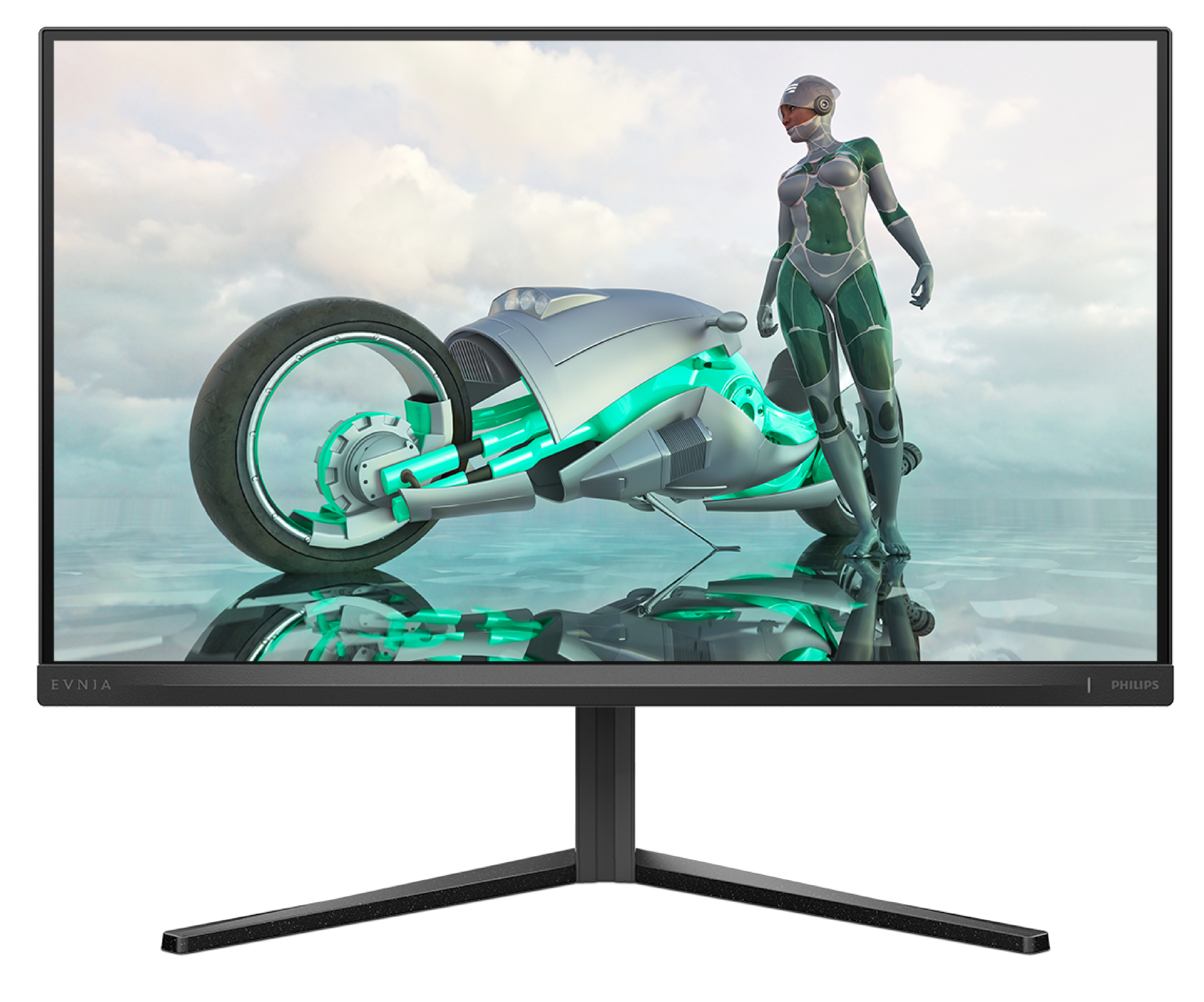 Un monitor mostra una donna futuristica accanto a una moto fantascientifica. Lo sfondo mostra un cielo nuvoloso e acqua riflettente.