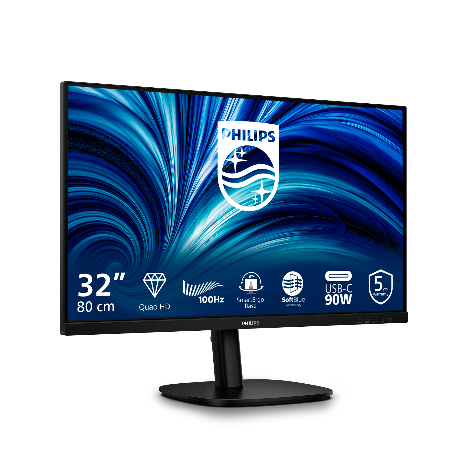 Monitor Philips 32" z czarną ramką. Ma niebieskie abstrakcyjne tło i różne ikony funkcji.