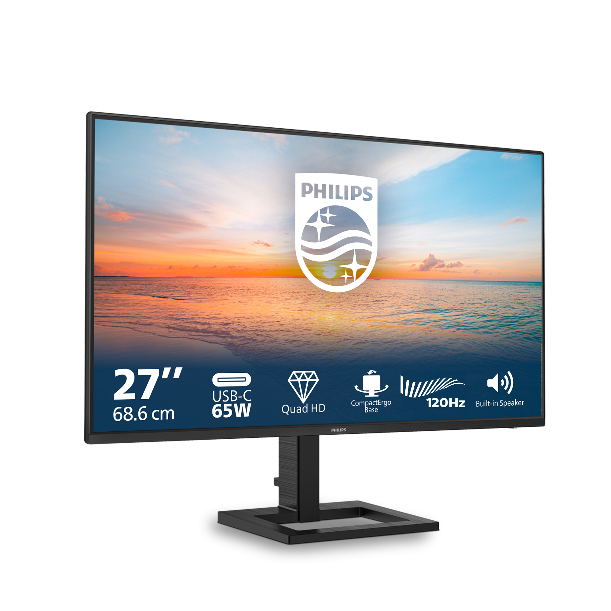 Un monitor Philips mostra un tramonto sulla spiaggia. Caratteristiche: 27", USB-C, Quad HD, 120Hz e altoparlante integrato. Supporto nero.