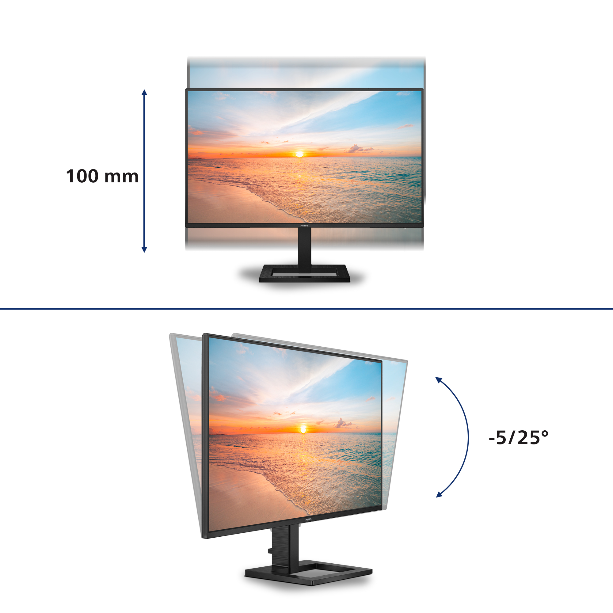 Monitor con immagine tramonto sulla spiaggia. Mostra dimensioni di 100 mm e inclinazione di -5/25°. Supporto nero.