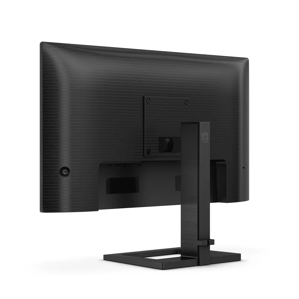 Rückansicht eines schwarzen Philips-Monitors. Der Monitor steht auf einem schwarzen Ständer. Auf der Rückseite sind Anschlüsse und Befestigungslöcher zu sehen.