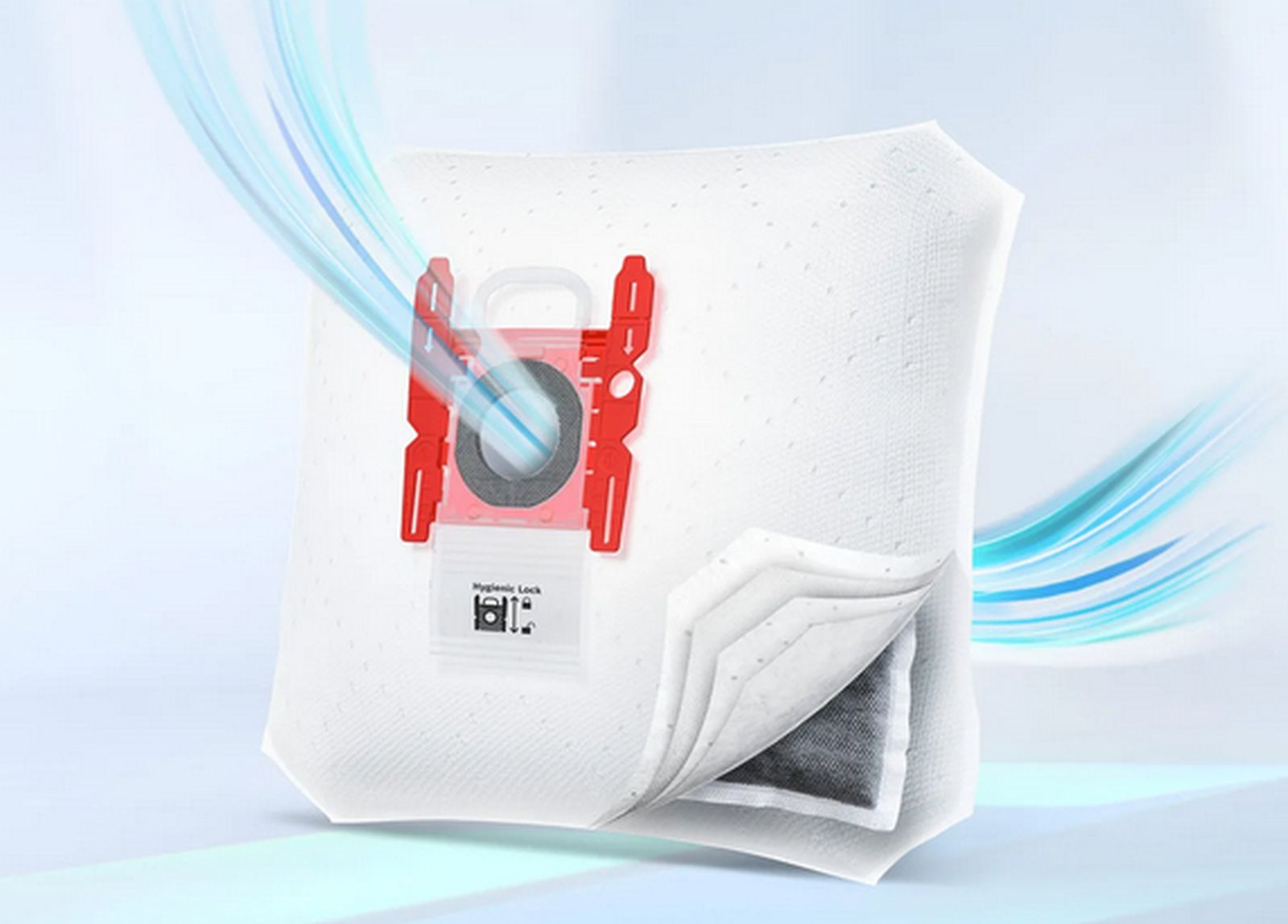 Biały worek do odkurzacza z czerwonymi i szarymi elementami. Widoczne niebieskie linie przepływu powietrza. Worek jest otwarty.