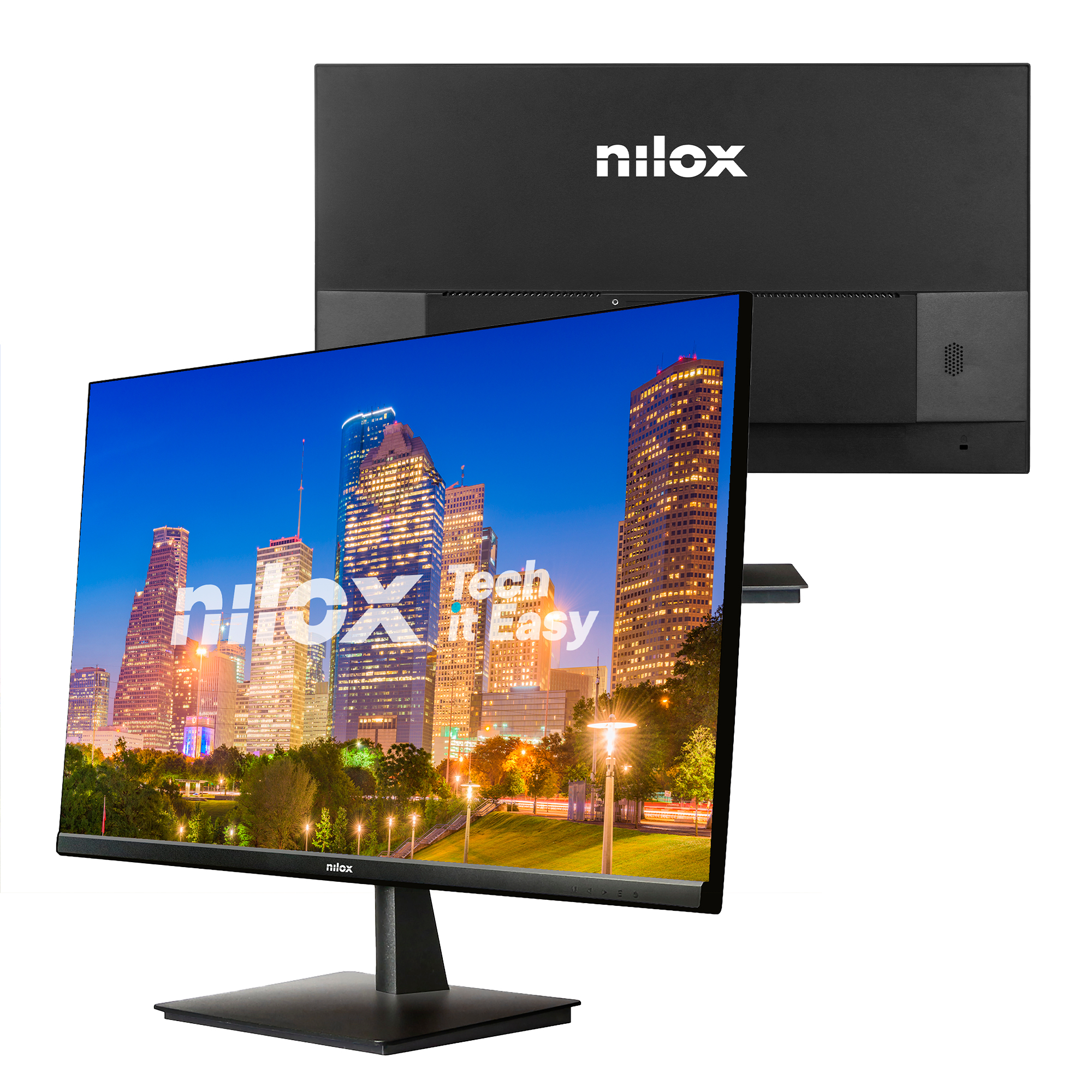 Un monitor Nilox mostra uno skyline notturno. Il monitor è nero, con il logo Nilox. C'è un altro monitor dietro.