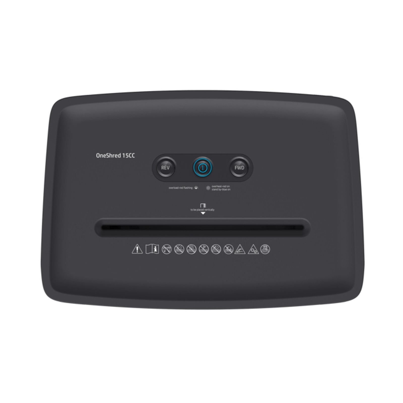Ciemnoszara niszczarka do papieru z przyciskami REV, FWD i przyciskiem zasilania. Marka to OneShred 15CC.