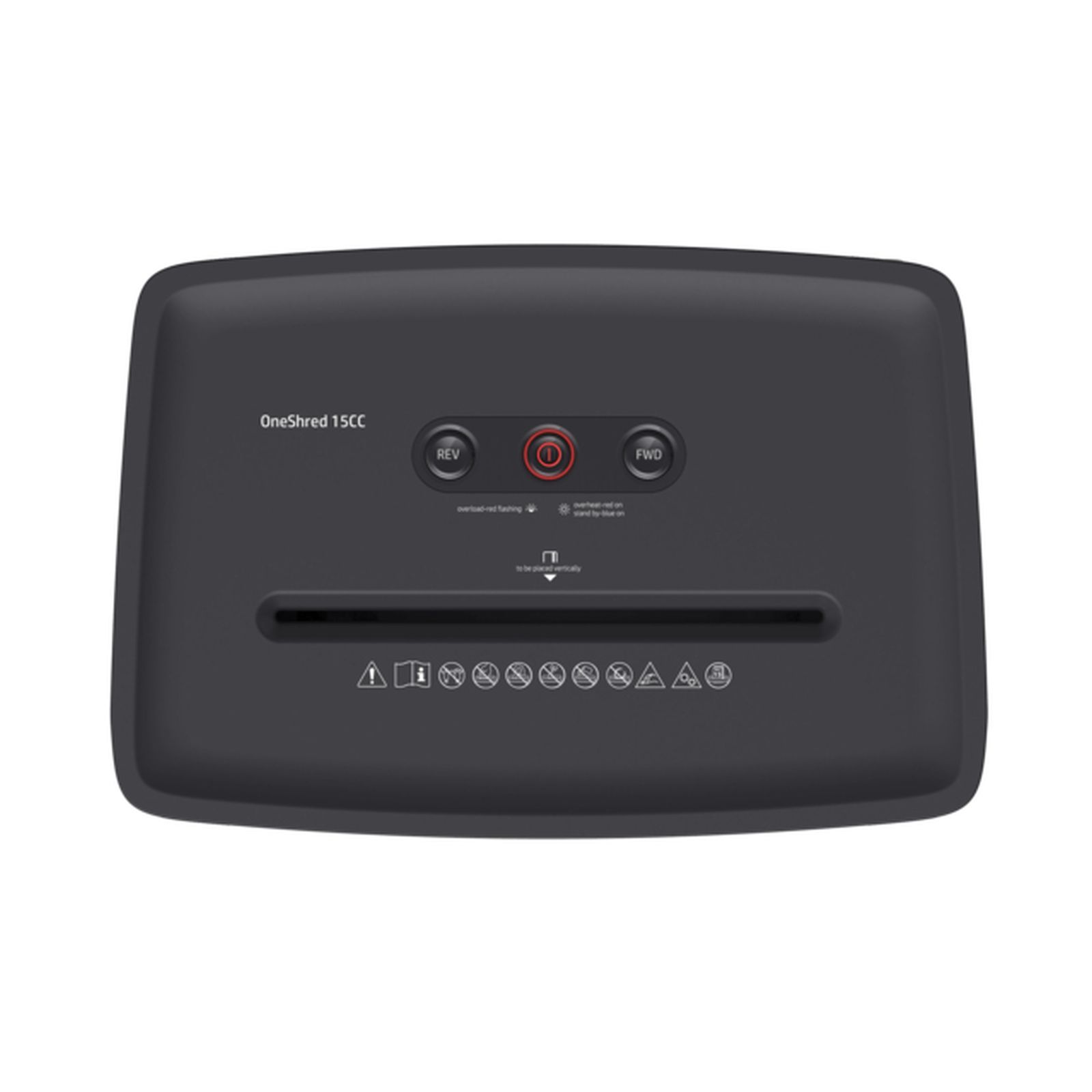 Ciemnoszara niszczarka do papieru z przyciskami sterowania: REV, przyciskiem zasilania i FWD. Marka to OneShred 15CC.