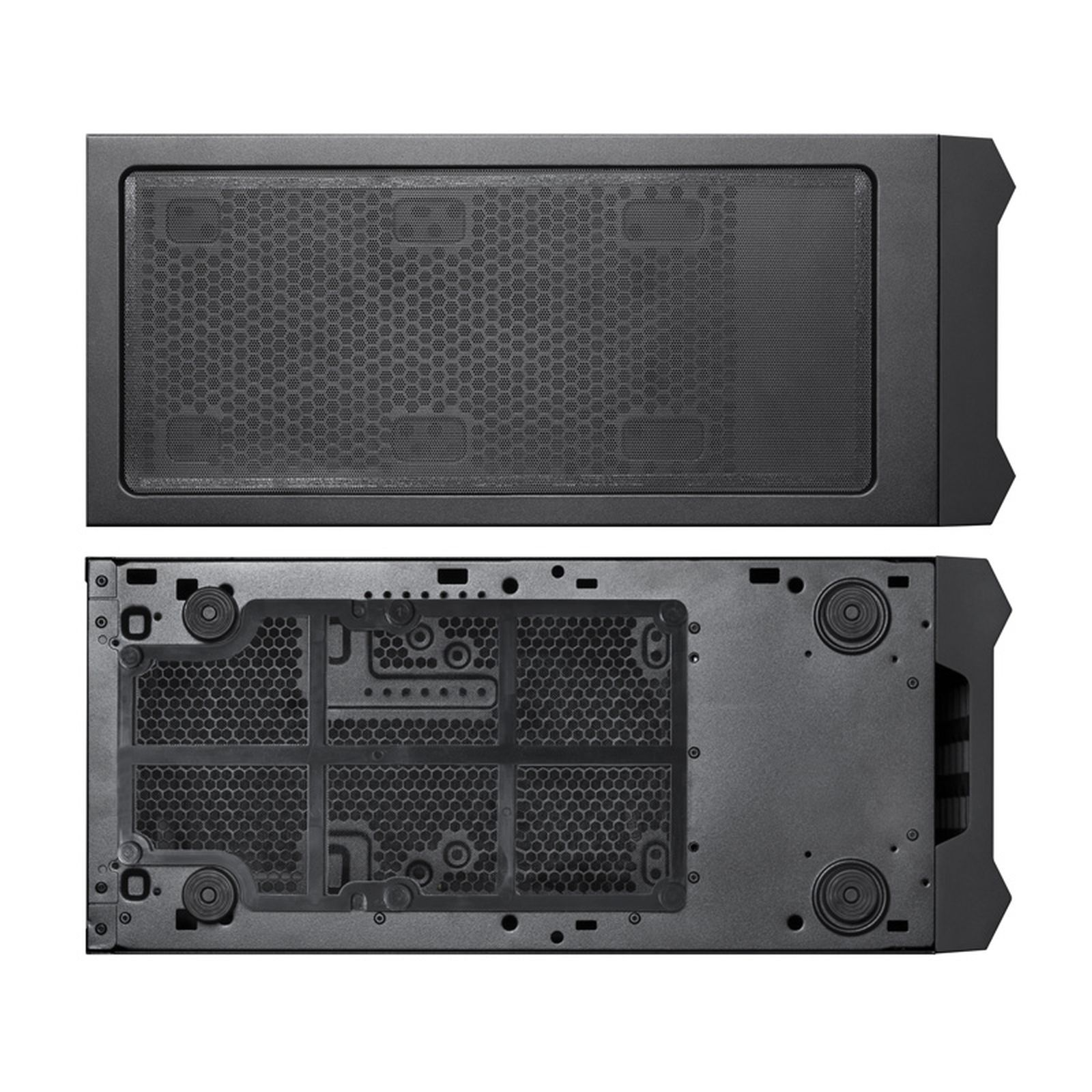 Obudowa komputera w dwóch częściach. Góra i dół pokazują szczegóły siatki i ramy, a obudowa jest czarna.