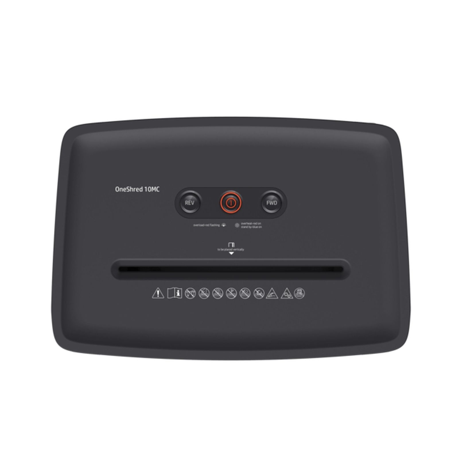 Ciemnoszara niszczarka do papieru. Posiada przyciski REV, przycisk zasilania i FWD. Marka to OneShred 10MC.
