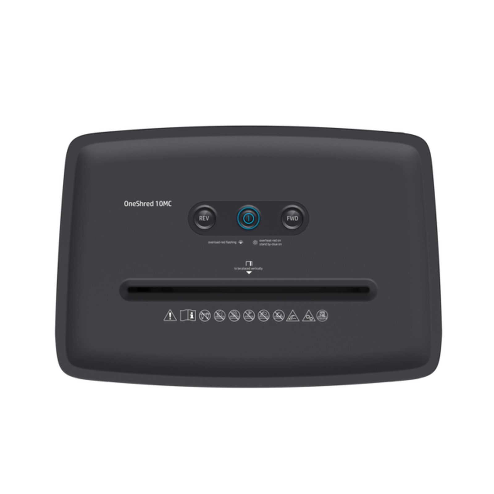 Ciemnoszara niszczarka do papieru, z przyciskami do tyłu, włączania/wyłączania i do przodu. Tekst: OneShred 10MC.
