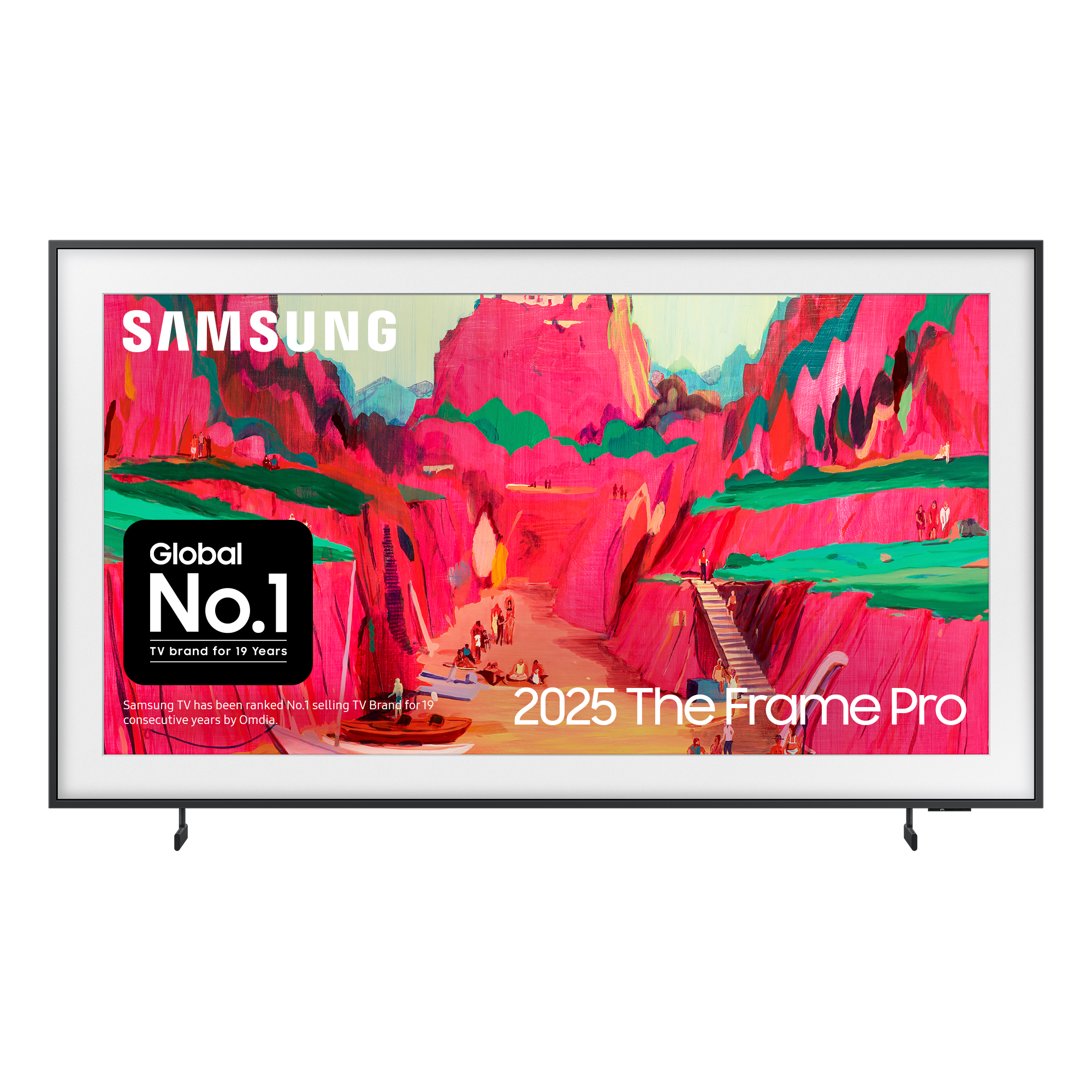 Un televisore Samsung mostra un dipinto di paesaggio. È incorniciato in nero. Il testo dice Global No.1 e 2025 The Frame Pro.