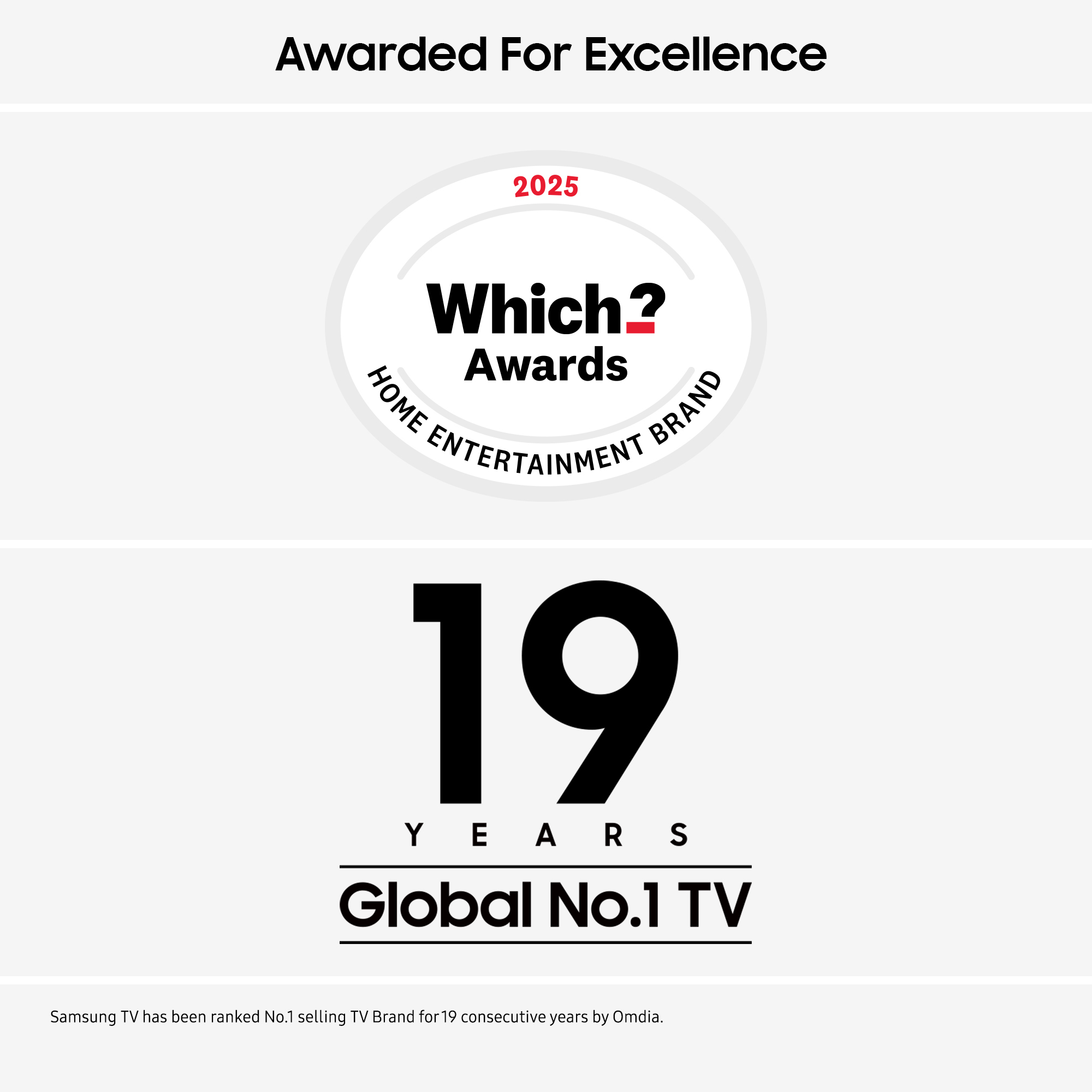 L'immagine mostra un premio Which? per il marchio Home Entertainment. Dice anche TV n. 1 al mondo da 19 anni.