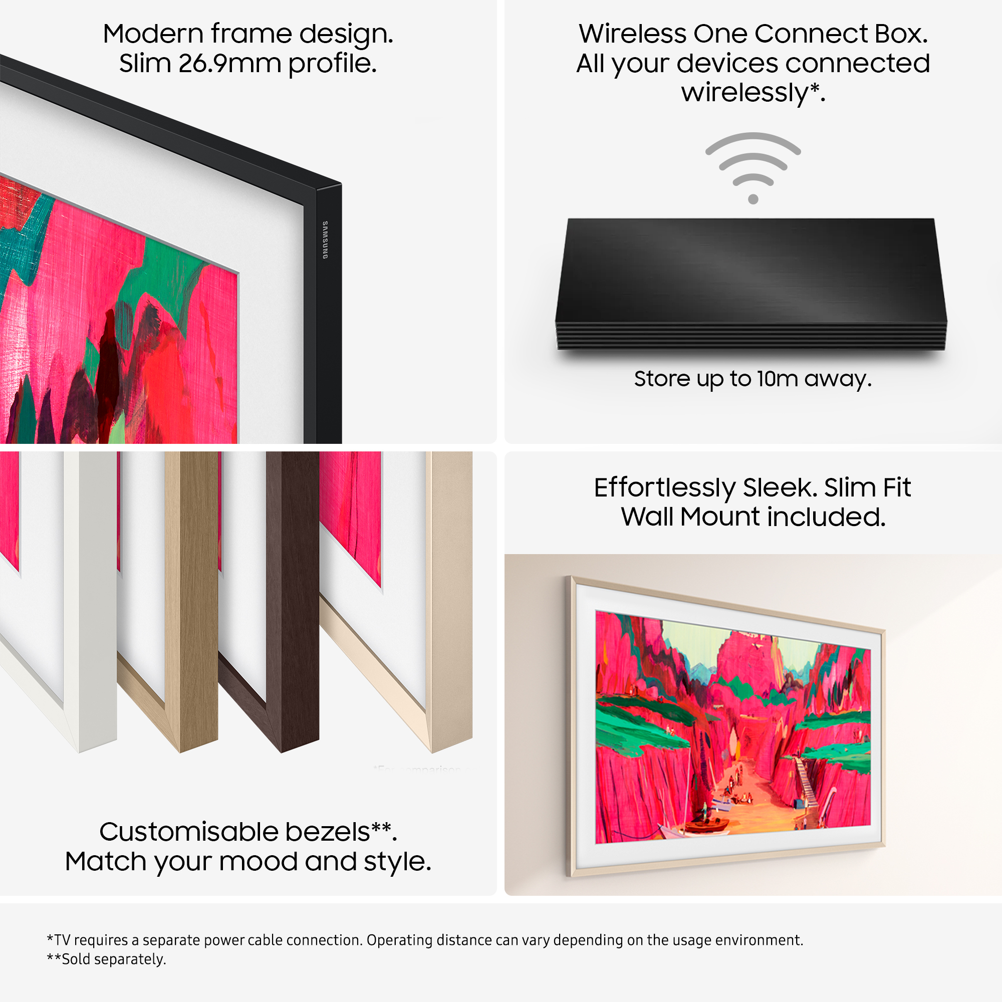 L'immagine mostra una TV con cornice sottile, un box di connessione wireless e cornici intercambiabili.