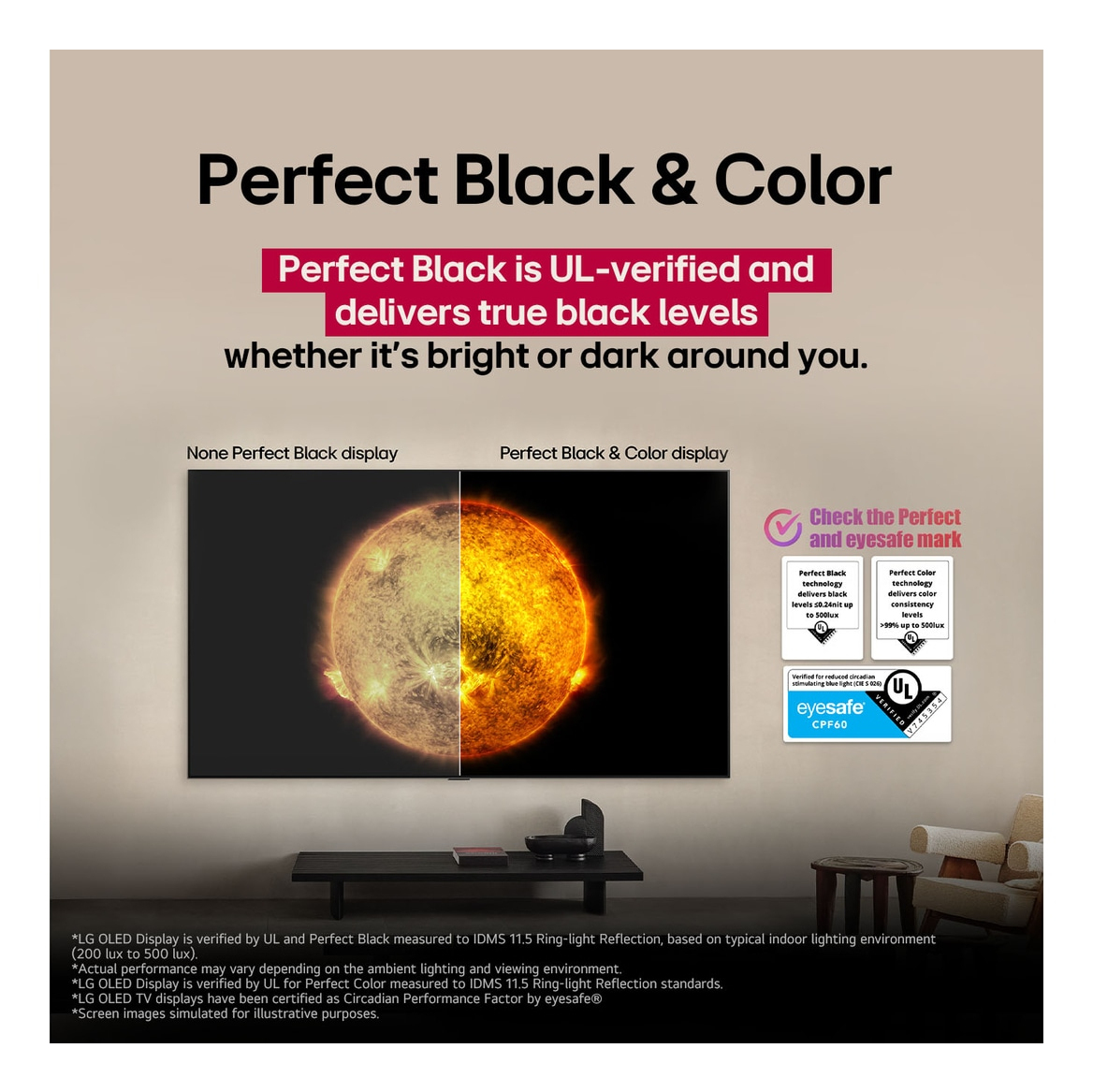 Obraz pokazuje podzielony ekran z obrazem słonecznym i tekstem o idealnej czerni i kolorze.