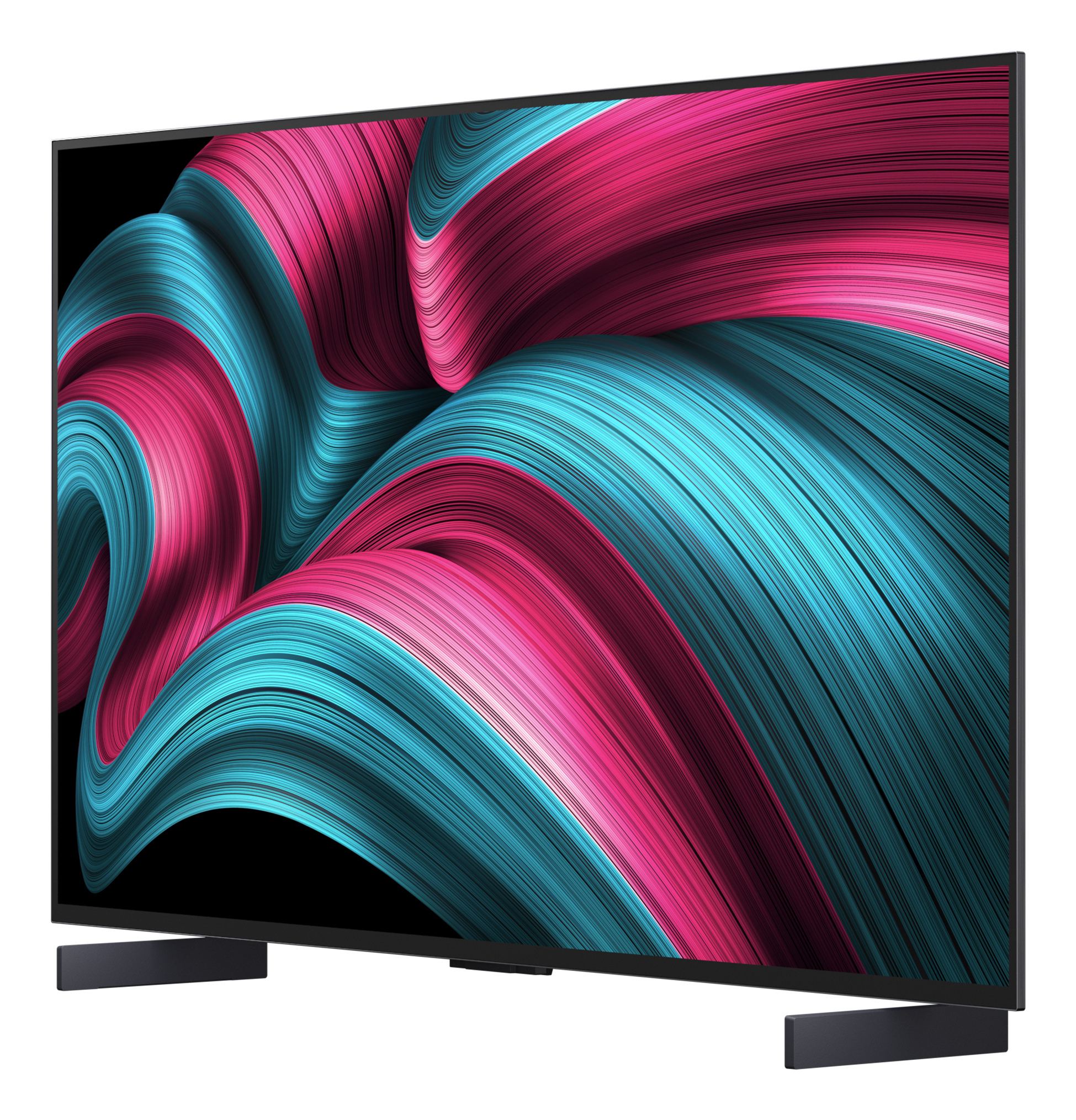 Un televisore moderno mostra arte astratta a spirale in verde acqua e magenta. È montato su un supporto nero. Lo sfondo è bianco.