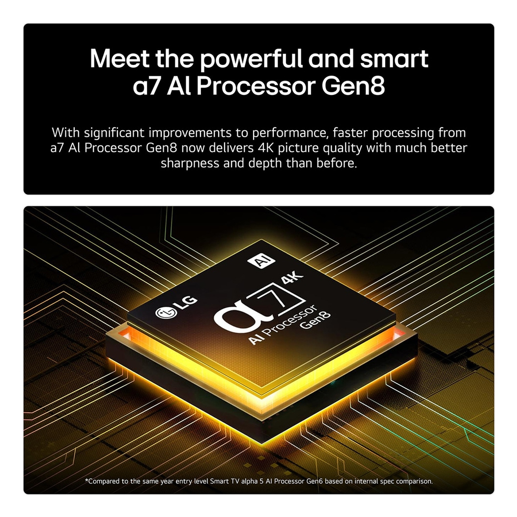 Obraz przedstawia chip LG a7 AI Processor Gen8. Tekst opisuje wydajność, jakość obrazu 4K, ostrość i głębię.