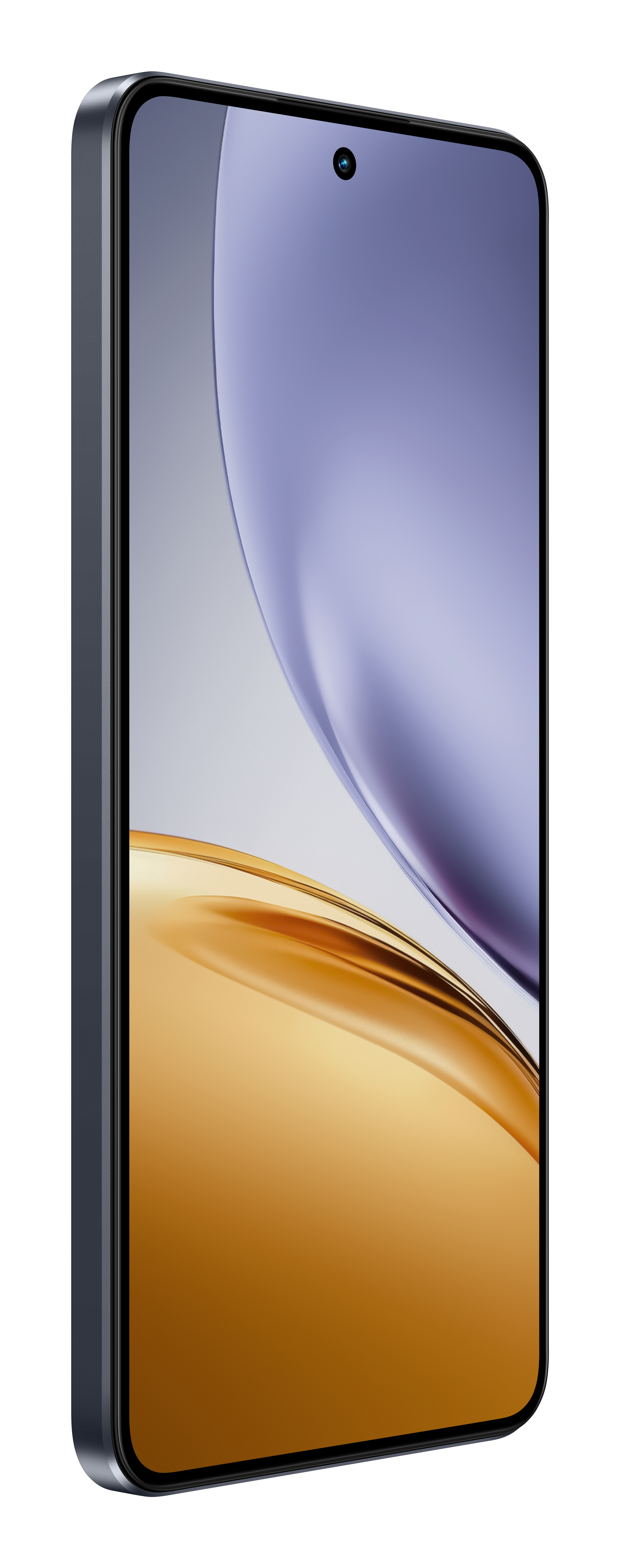 Een smartphone, schuine weergave. Het scherm toont een verloop met paarse en gouden kleuren. Een camera aan de voorkant is zichtbaar.