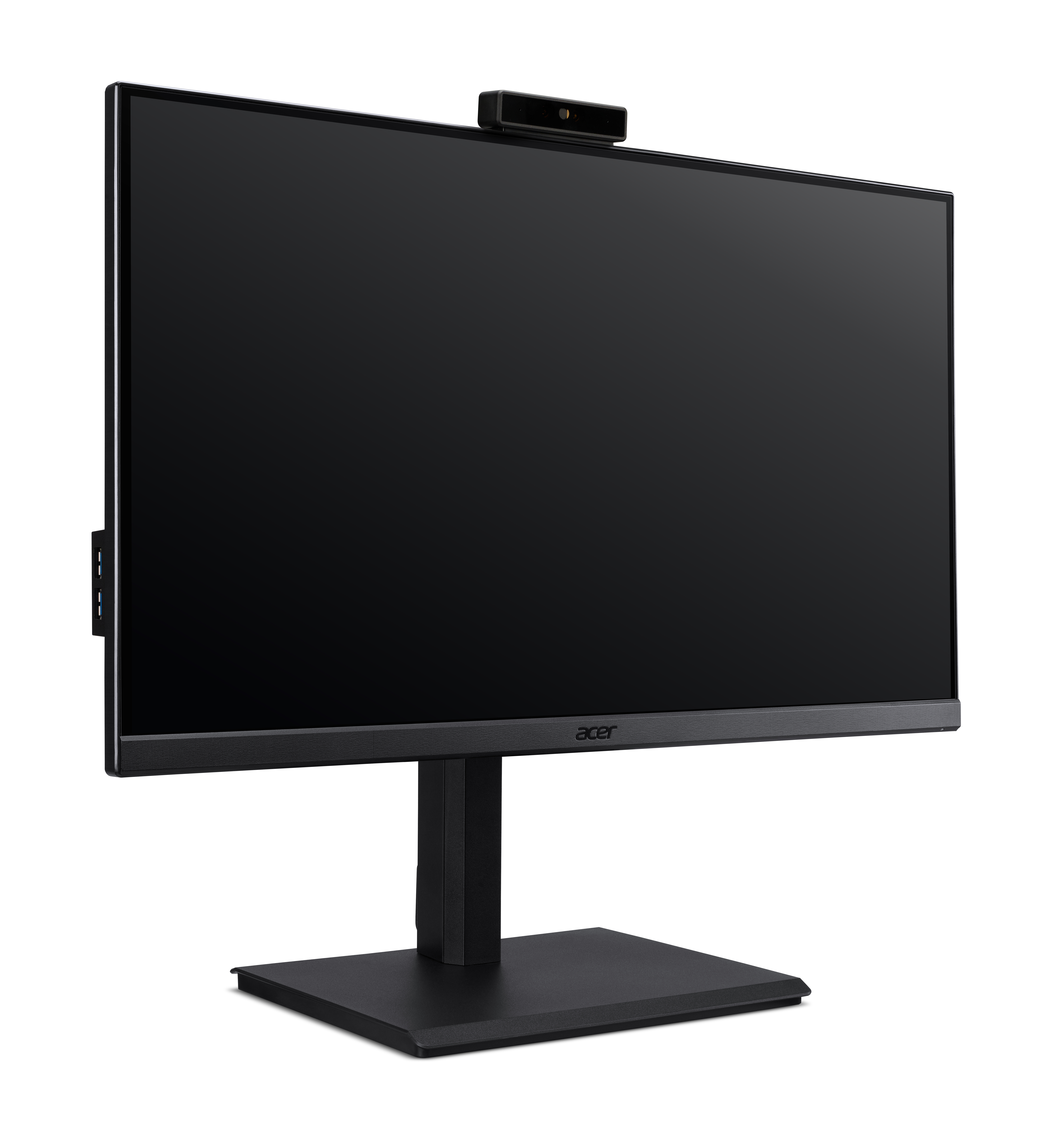 Czarny monitor Acer z kamerą internetową. Monitor na czarnym stojaku na białym tle.